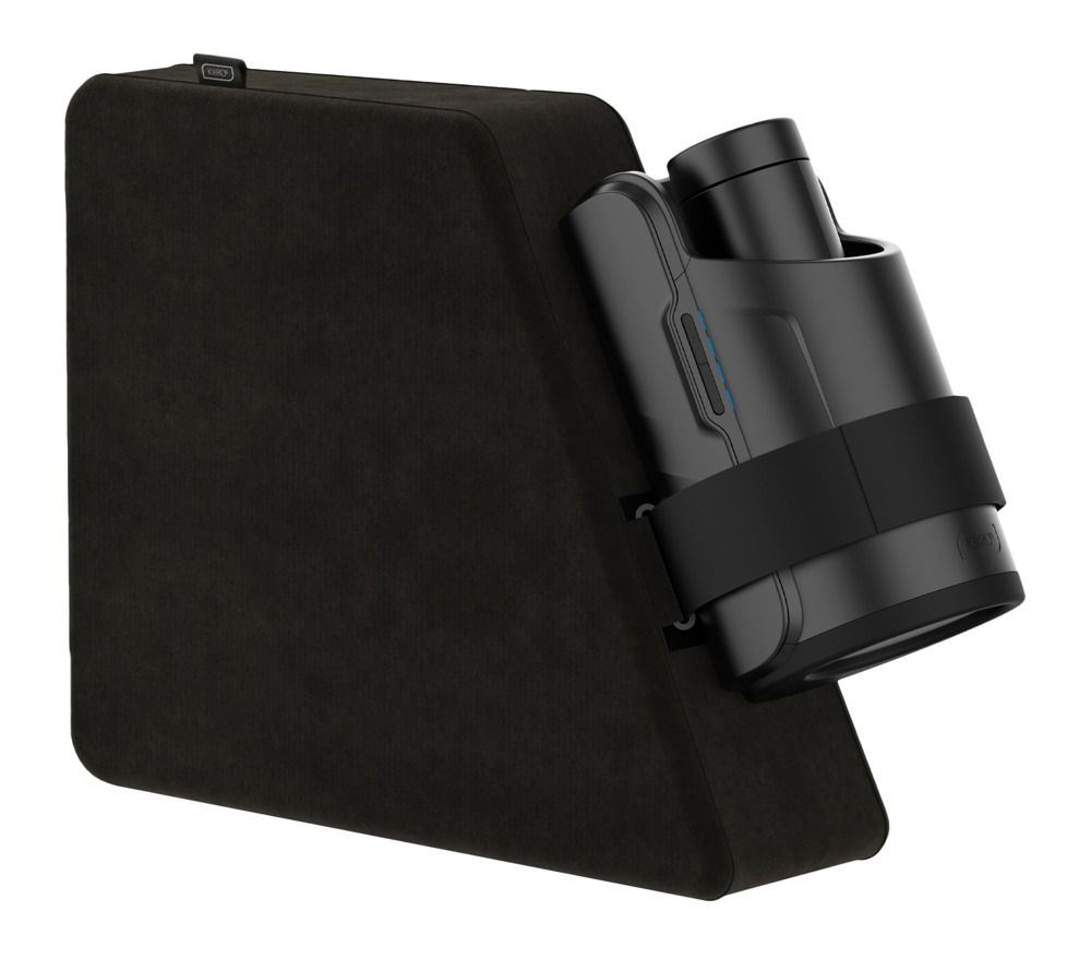 Dispositivo Keon nero con cuscino nero. Fissato con cinturino. Connettore USB in alto.