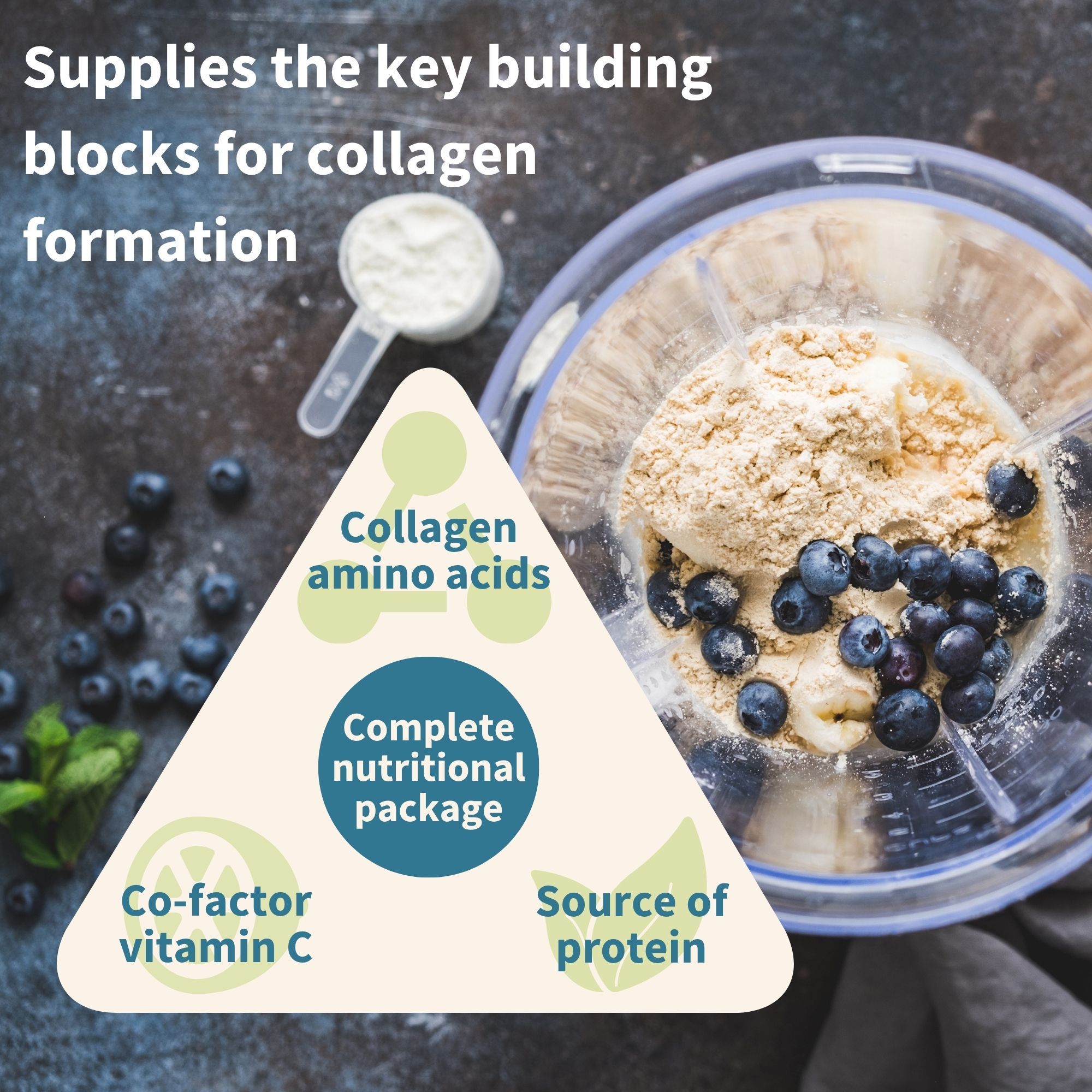 Frullatore con ingredienti per la formazione di collagene: polvere, bacche, vitamina C, amminoacidi.