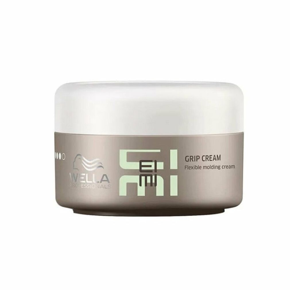 Barattolo di Wella Eimi Grip Cream. Barattolo beige con coperchio bianco. Scritta Eimi e Grip Cream.