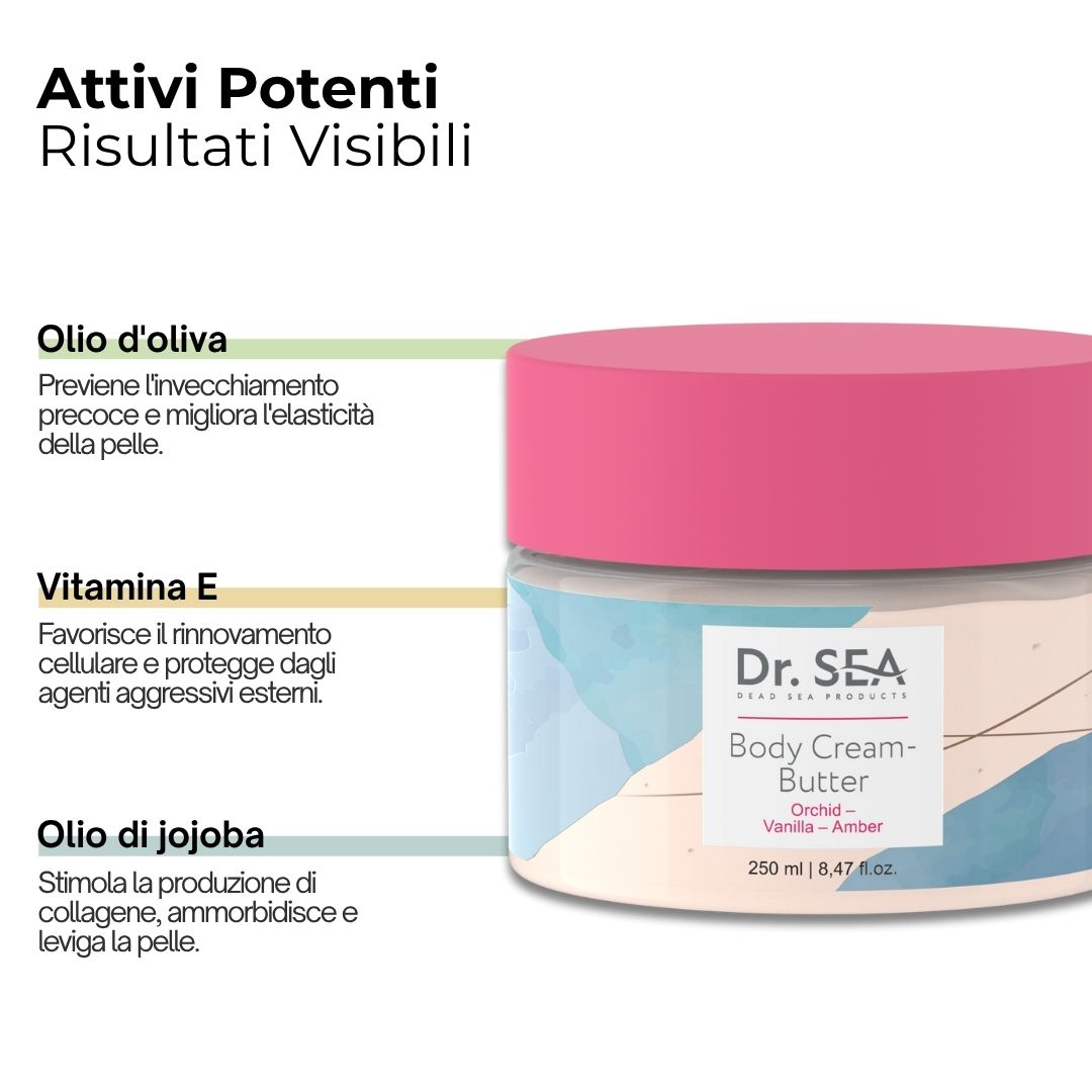 Barattolo di crema-burro con coperchio rosa. Testo: Olio d'oliva, Vitamina E, Olio di jojoba. 250 ml | 8,47 fl.oz.