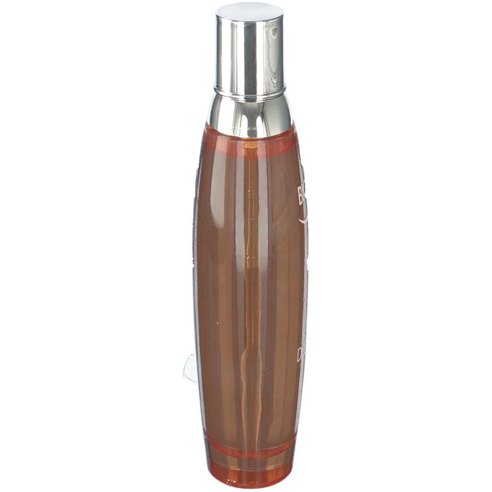 Flacone spray corpo, allungato, con tappo argentato. Scritta: BIOTHERM, EAU D'ENERGIE. Liquido marrone.