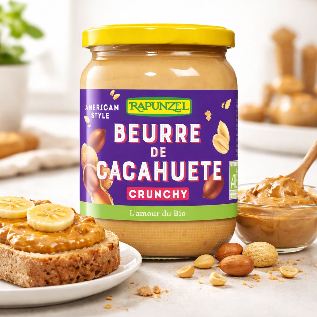 Rapunzel Burro di arachidi Crunchy in barattolo. Stile americano, certificato biologico.