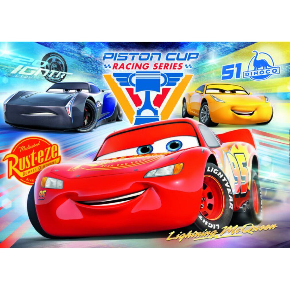 Puzzle Cars 3 completato. Lightning McQueen e altre auto da corsa. Piston Cup Racing Series. 104 pezzi.