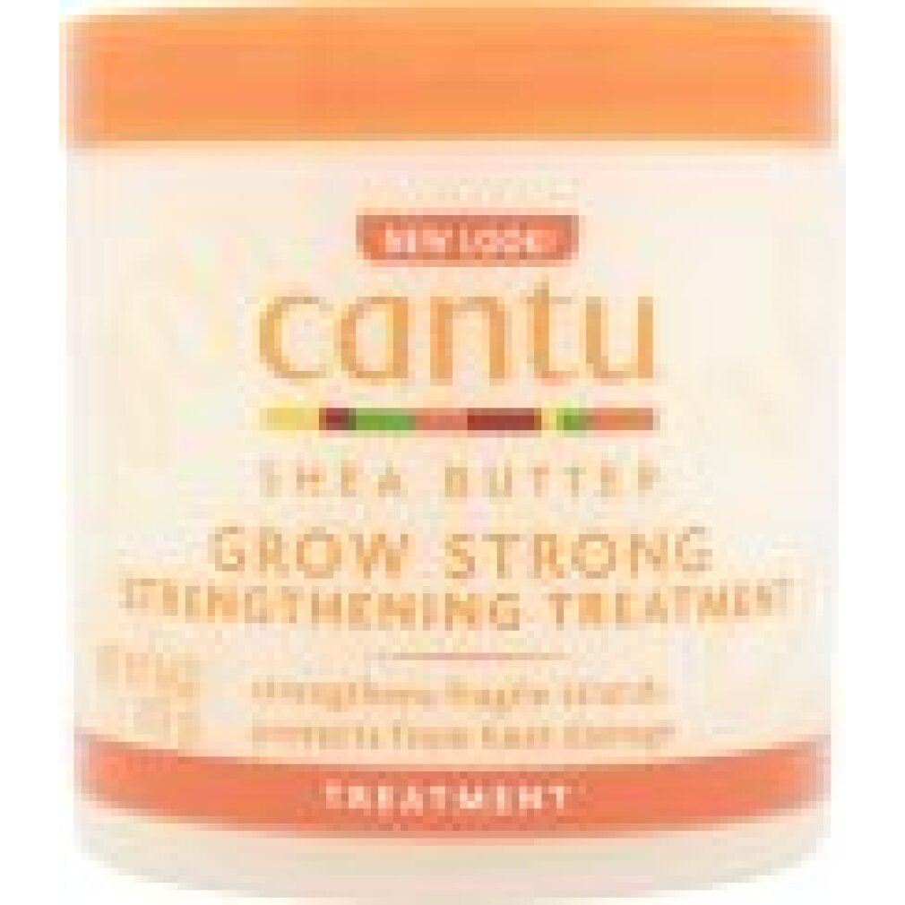 Vaso bianco con coperchio arancione. Scritta: Cantu, Shea Butter, Grow Strong, Strengthening Treatment. Netto 6 OZ / 173 g.