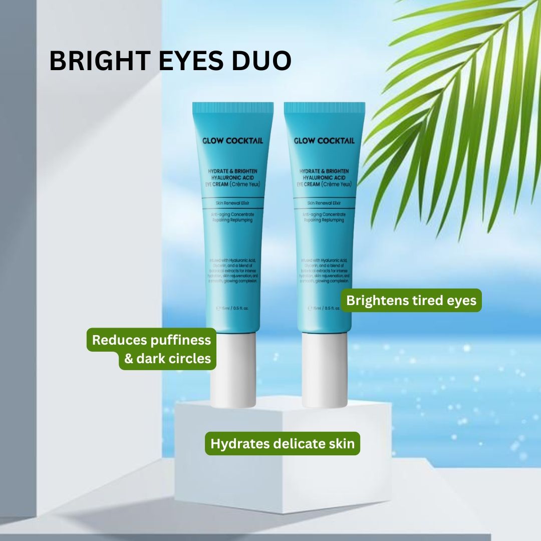 Due tubetti blu con tappo bianco. Scritto: Glow Cocktail, Hydrate & Brighten Hyaluronic Acid Eye Cream. Su piedistallo bianco.