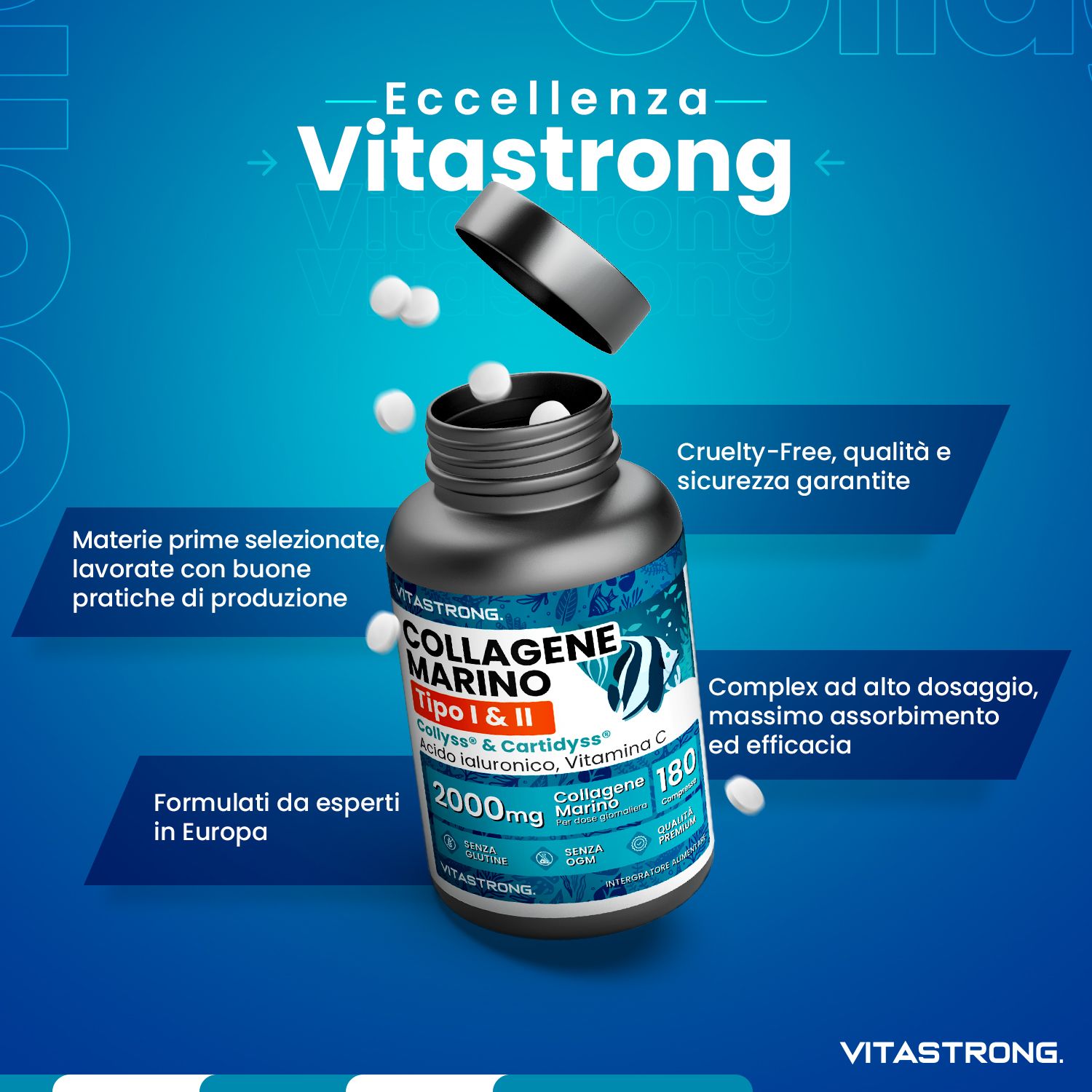 Flacone grigio scuro con compresse. Scritta: Vitastrong, Collagene Marino Tipo 1&2, 180 compresse. Confezione blu.