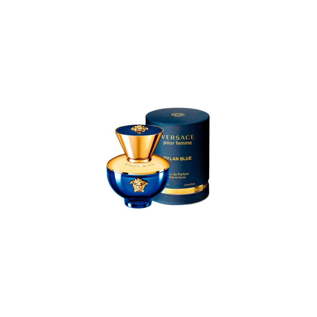 Flacone blu e confezione cilindrica. Scritta 'Versace pour femme Dylan Blue'.