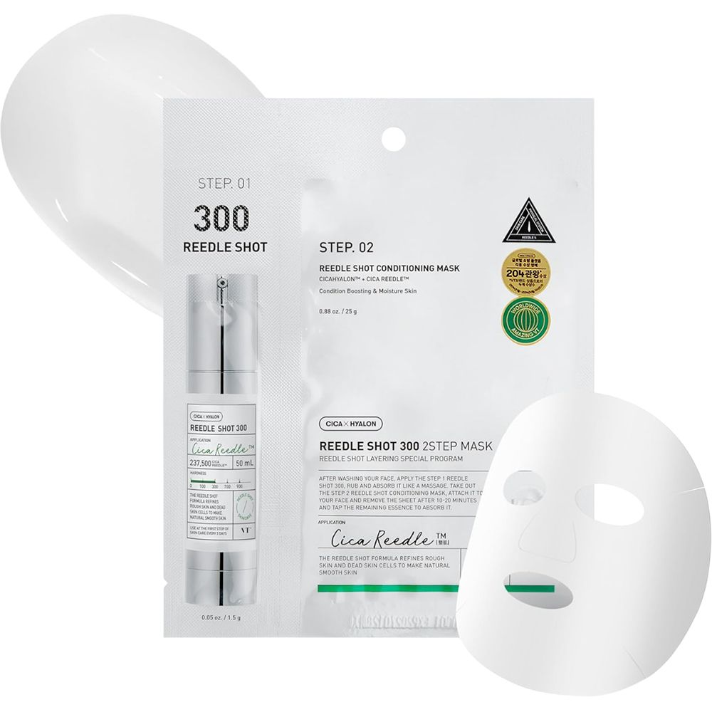 Maschera viso a 2 fasi con microaghi. Fase 1: siero. Fase 2: maschera. Maschera e siero accanto.