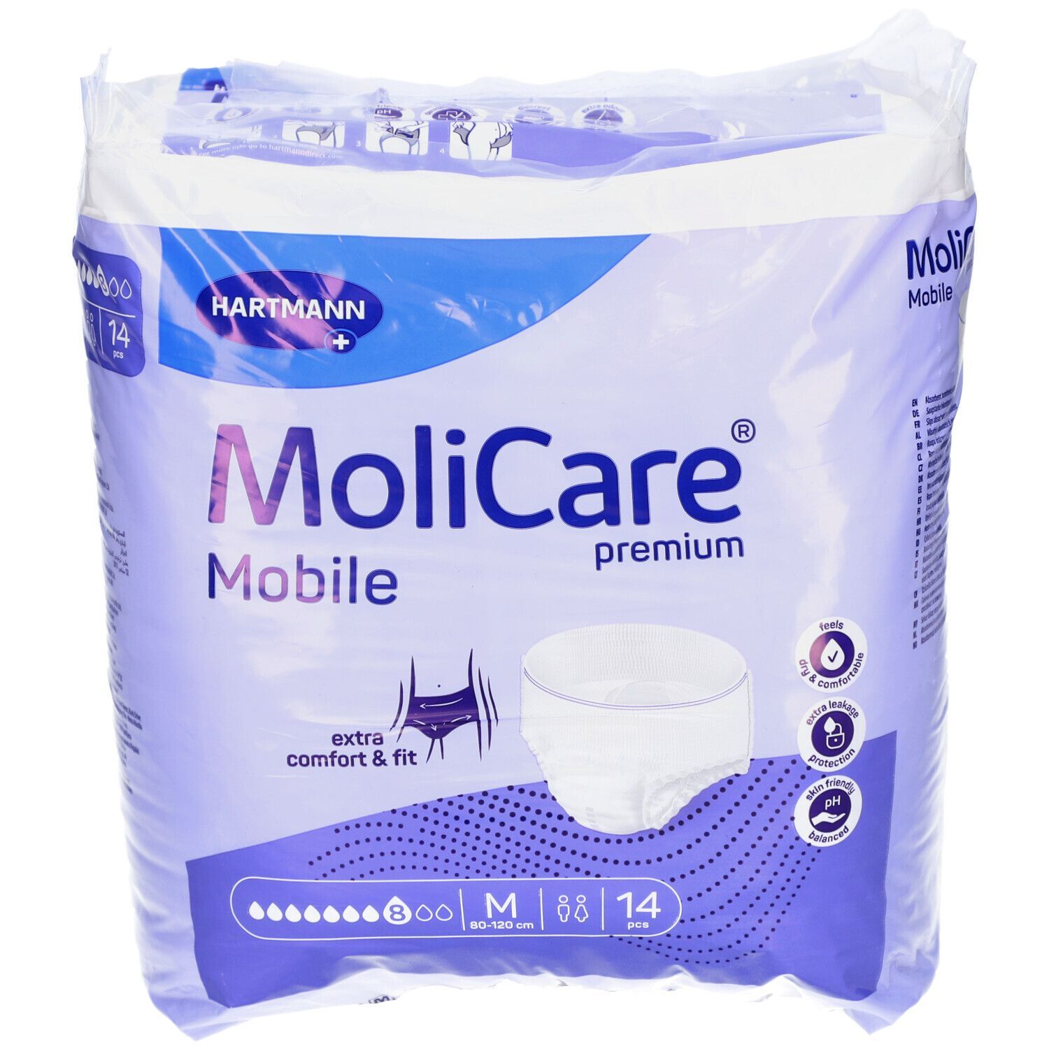 Confezione di MoliCare® premium Mobile Pants M. Contiene 14 pezzi. Taglia M, 80-120 cm. Marchio Hartmann.
