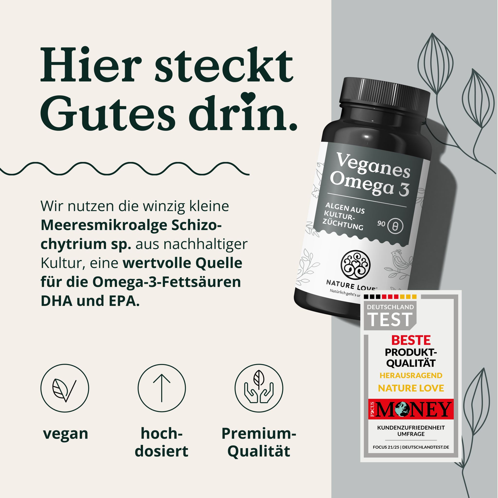 Flacone di capsule vegane Omega-3, sigillo 'Deutschland Test Migliore Qualità Prodotto'.