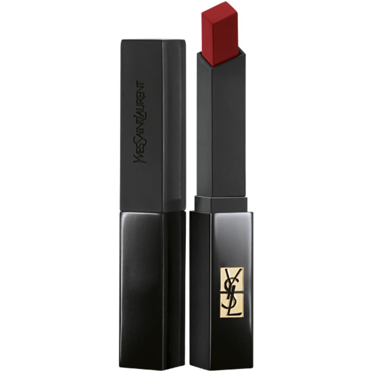 Rossetto nero con punta rossa. Scritta YVES SAINT LAURENT. Logo dorato sul contenitore.