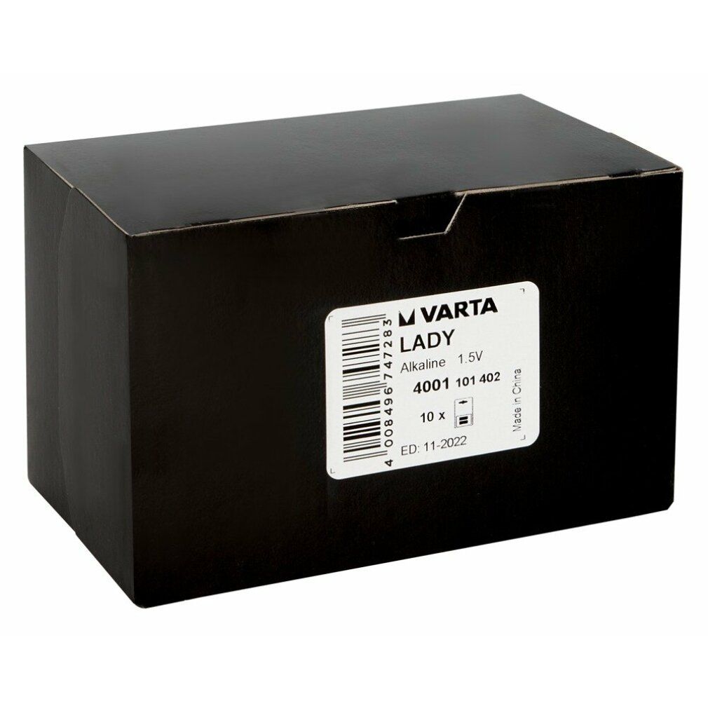 Scatola nera di batterie Varta con etichetta indicante 'Lady Alkaline 1.5V' e '10x'.