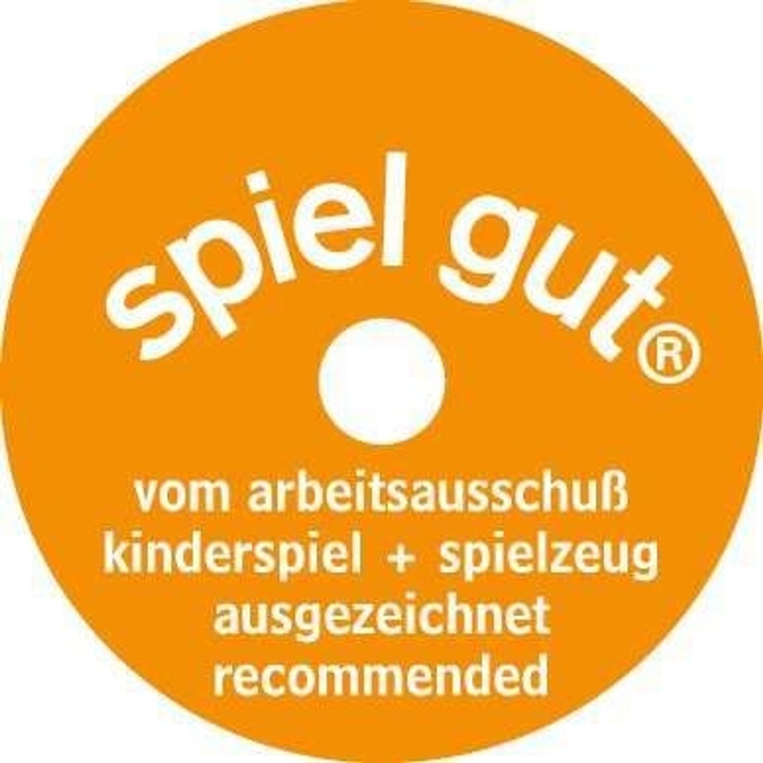 Adesivo rotondo arancione con testo bianco. Testo: Spiel Gut, vom Arbeitsausschuss Kinderspiel + Spielzeug ausgezeichnet recommended.