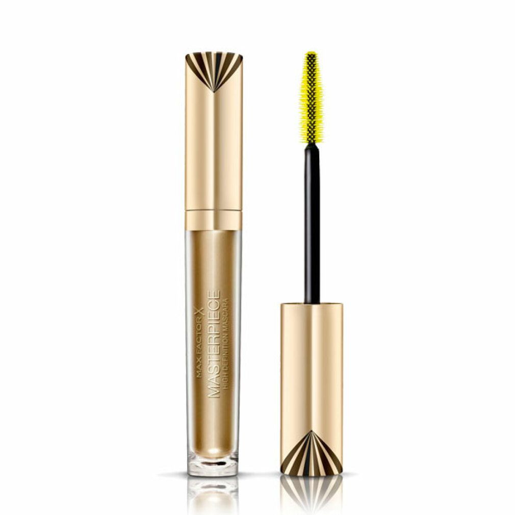 Tubo mascara dorato con spazzola nera. Scritta: Max Factor Masterpiece. Spazzola gialla.