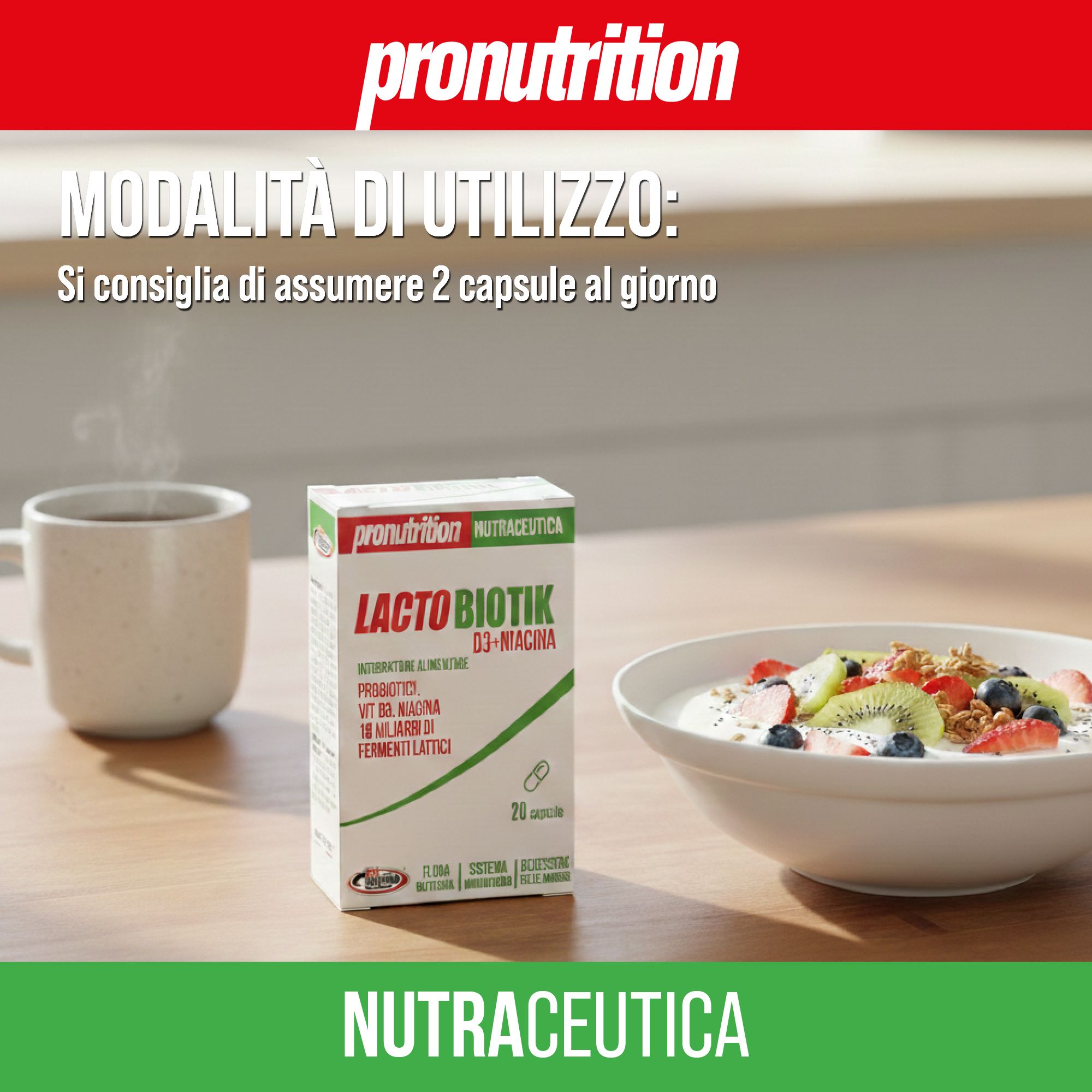 Scatola Lacto Biotik, 20 capsule, accanto a tazza di caffè e ciotola di cereali. Marchio Pronutrition. Scritta: 2 capsule al giorno.