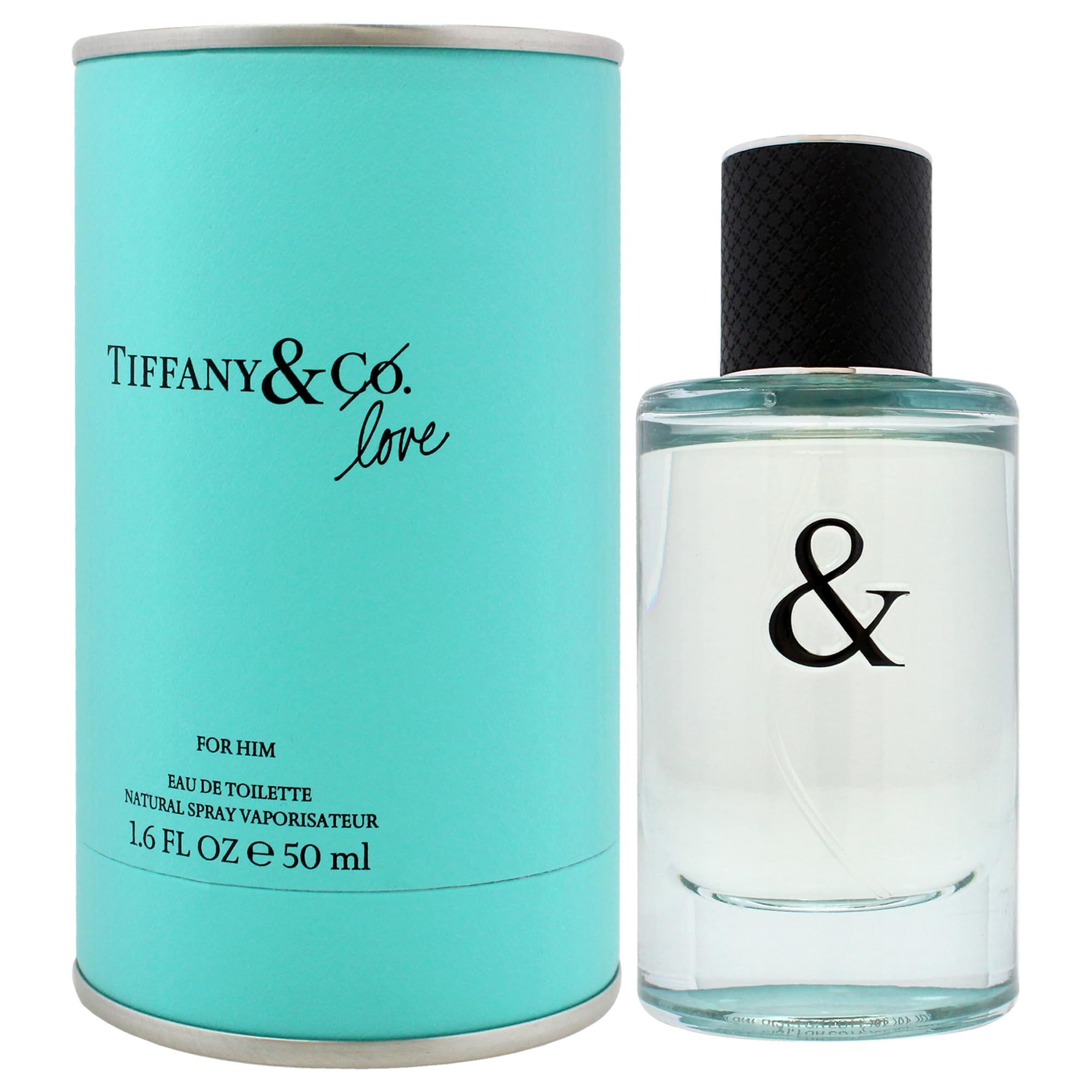 Confezione e flacone turchese. Scritta: Tiffany & Co. Love, For Him, Eau de Toilette, Natural Spray Vaporisateur, 1.6 fl oz e 50 ml.