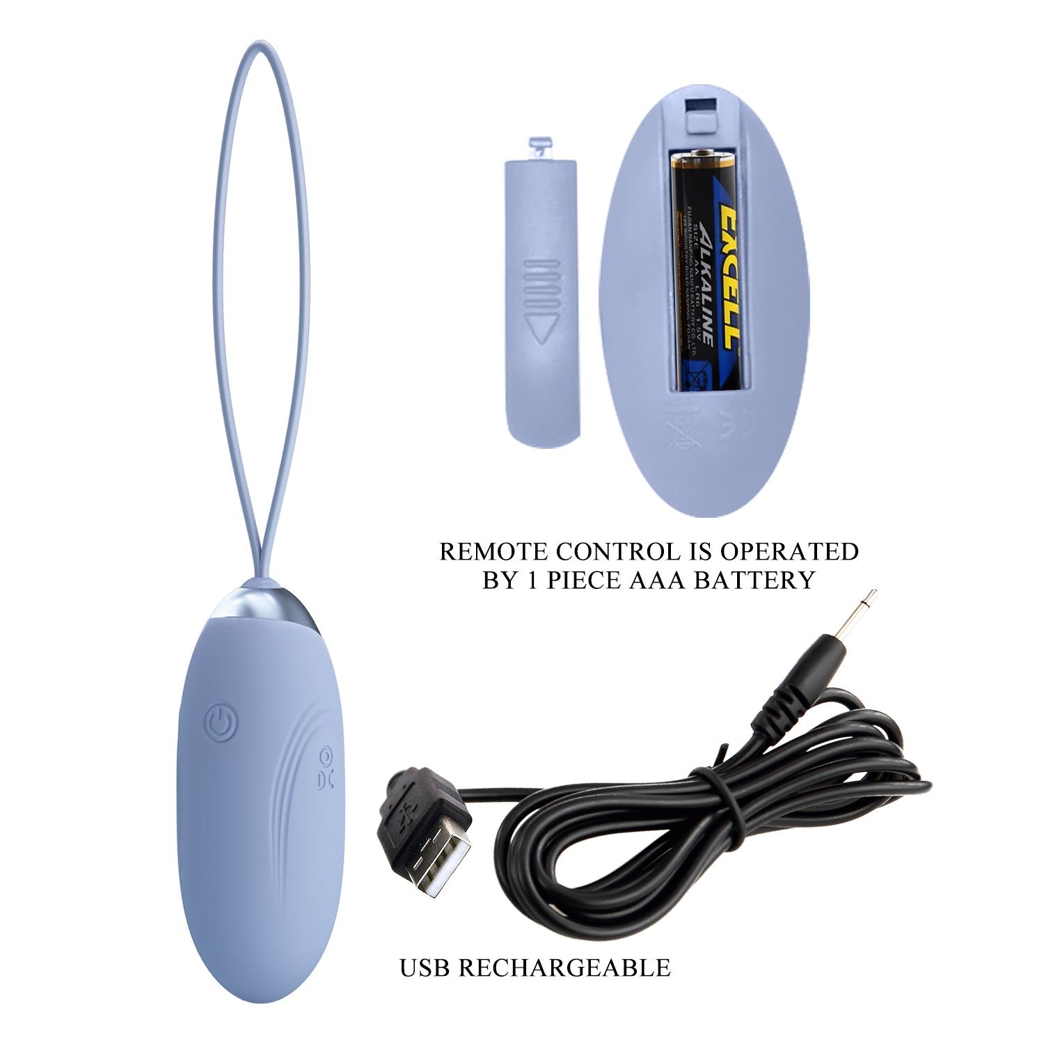 Vibratore ovale blu con anello, telecomando, cavo USB e batteria. Scritta: USB RECHARGEABLE.