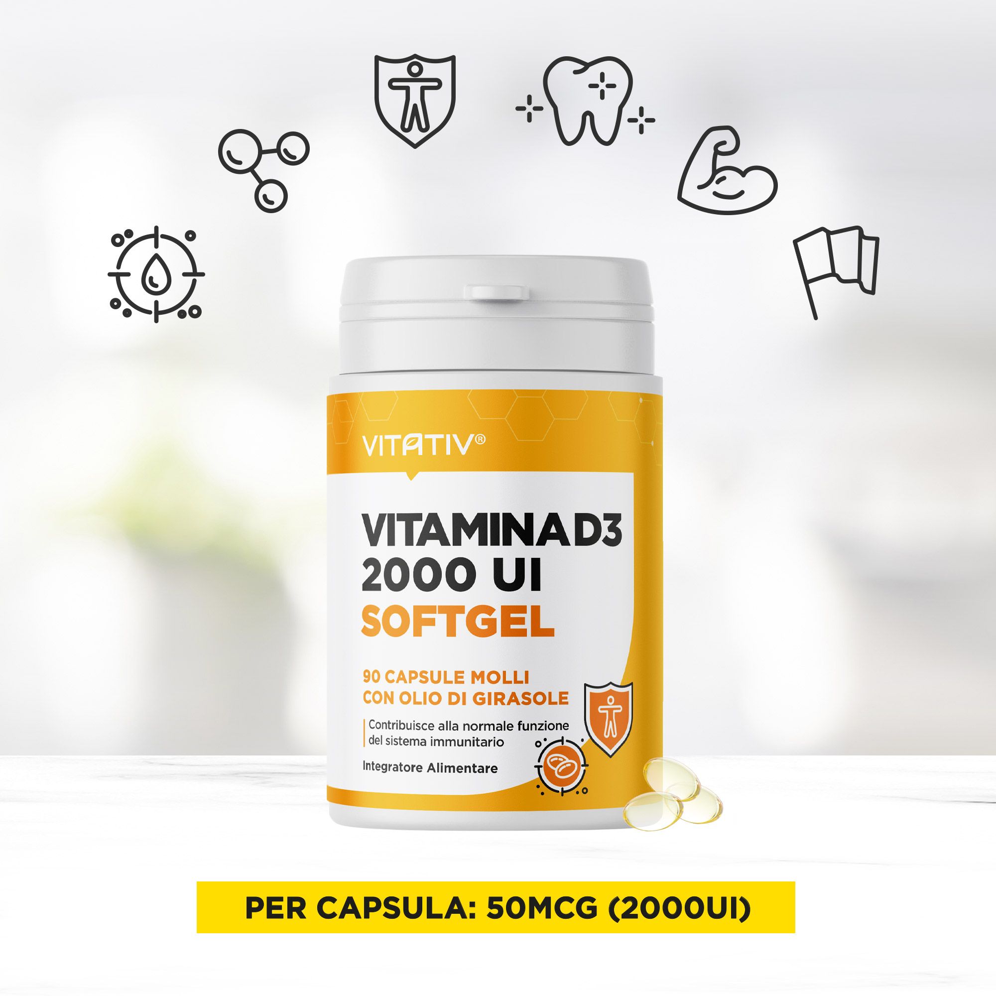 VITATIV® Vitamina D3 2000 UI Mini Softgel - Capsule Molli con Olio di Girasole