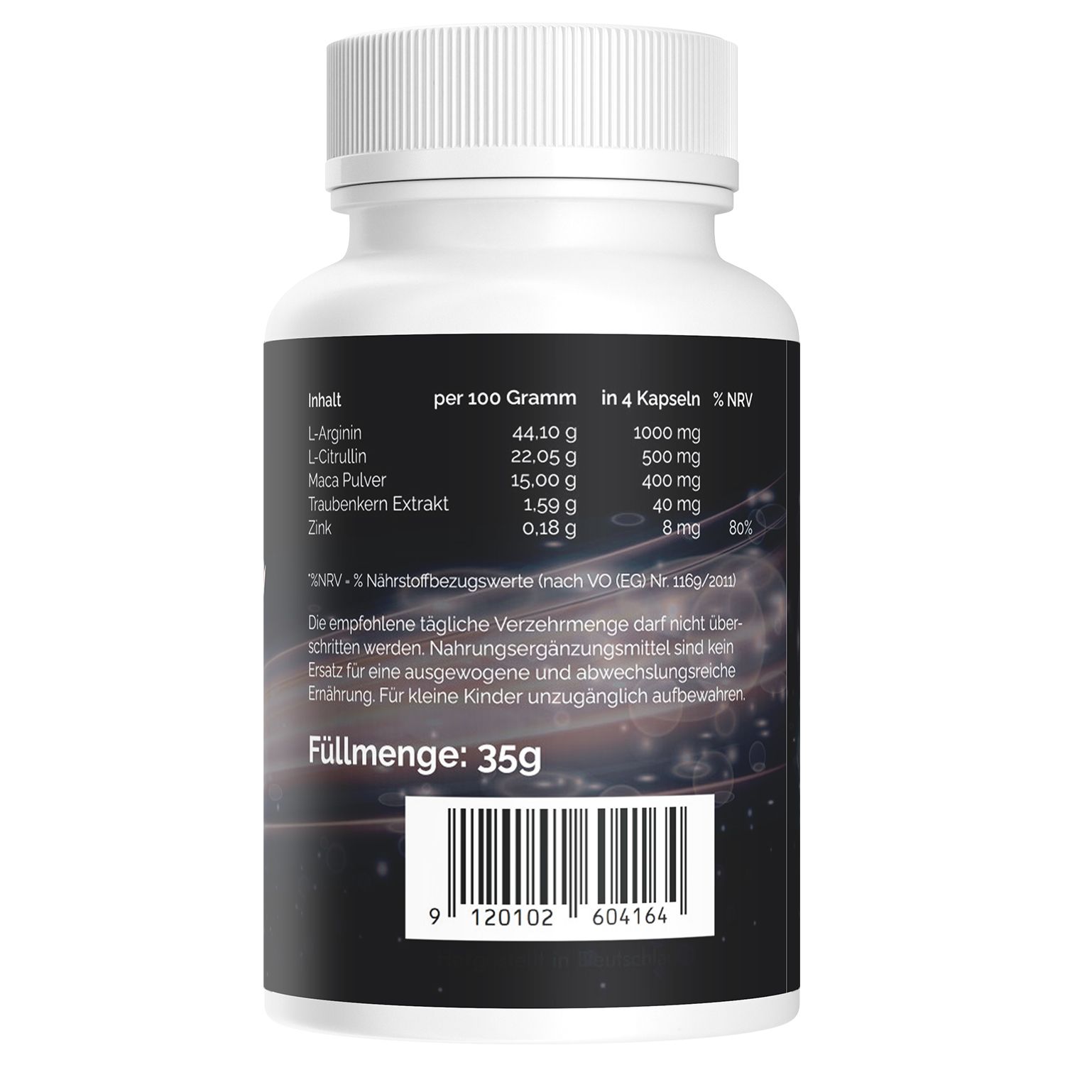 Retro di un flacone di capsule. Contiene informazioni nutrizionali, ingredienti e codice a barre.