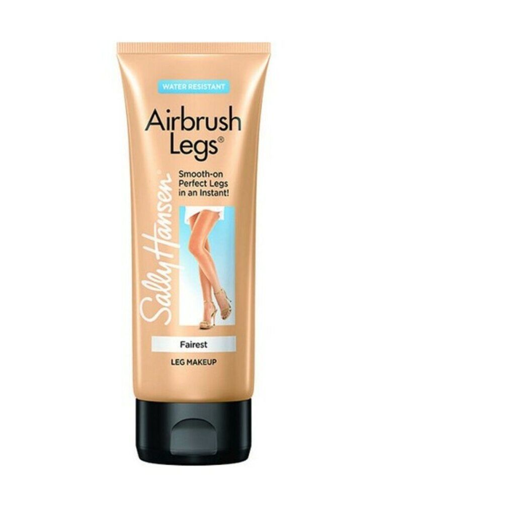 Tubo Sally Hansen Airbrush Legs, tonalità Fairest. Immagine di gambe. Tappo nero, tubo beige.
