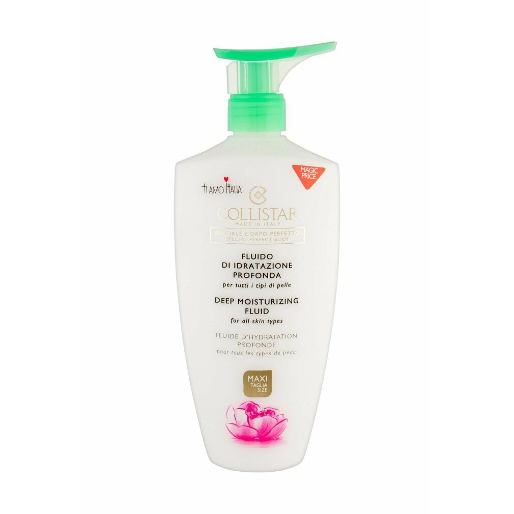 Flacone bianco con erogatore verde. Scritta: Collistar, Deep Moisturizing Fluid. Illustrazione floreale rosa.