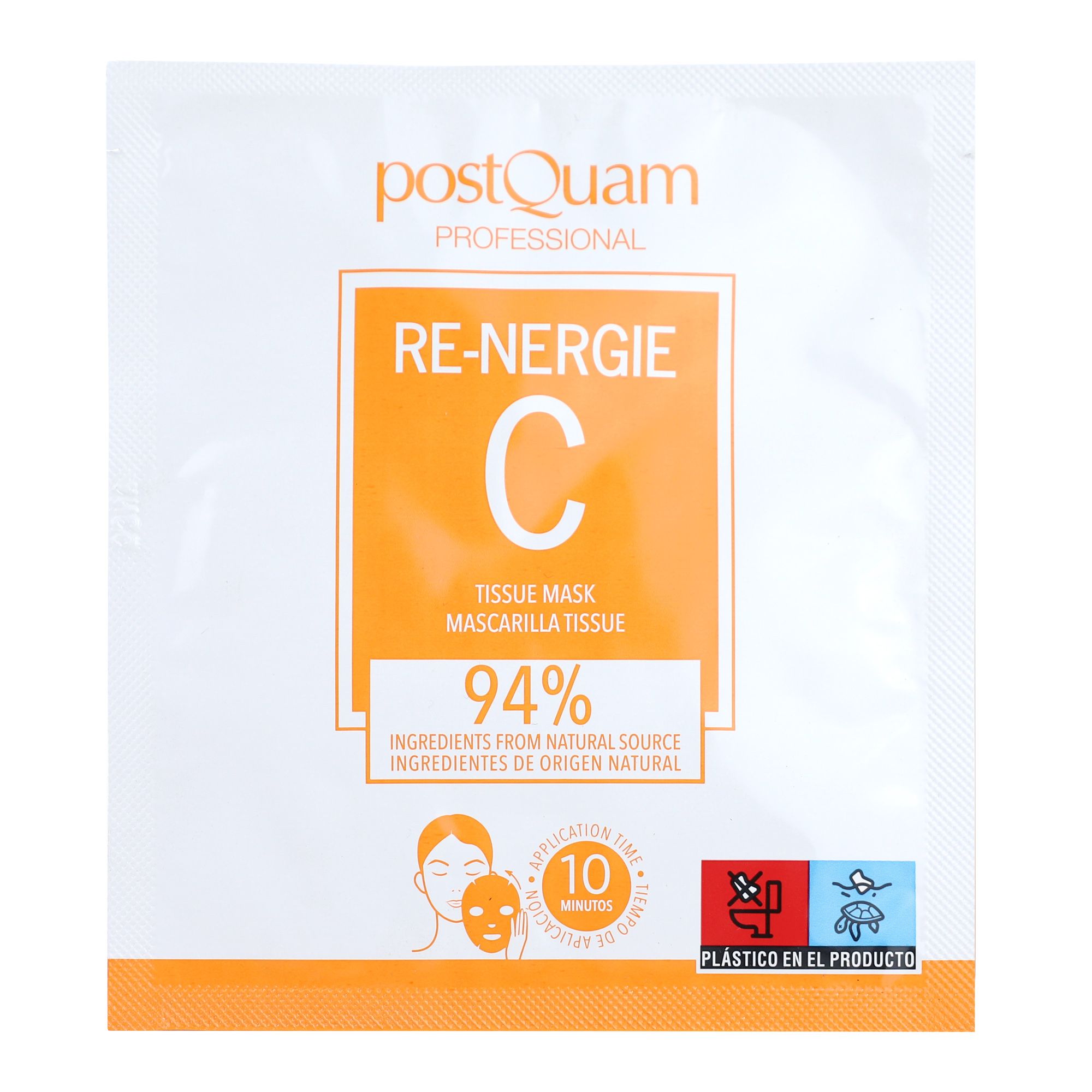 Confezione maschera viso. Sfondo arancione, testo: PostQuam, Re-Nergie C, 94% ingredienti naturali. Istruzioni per l'uso.