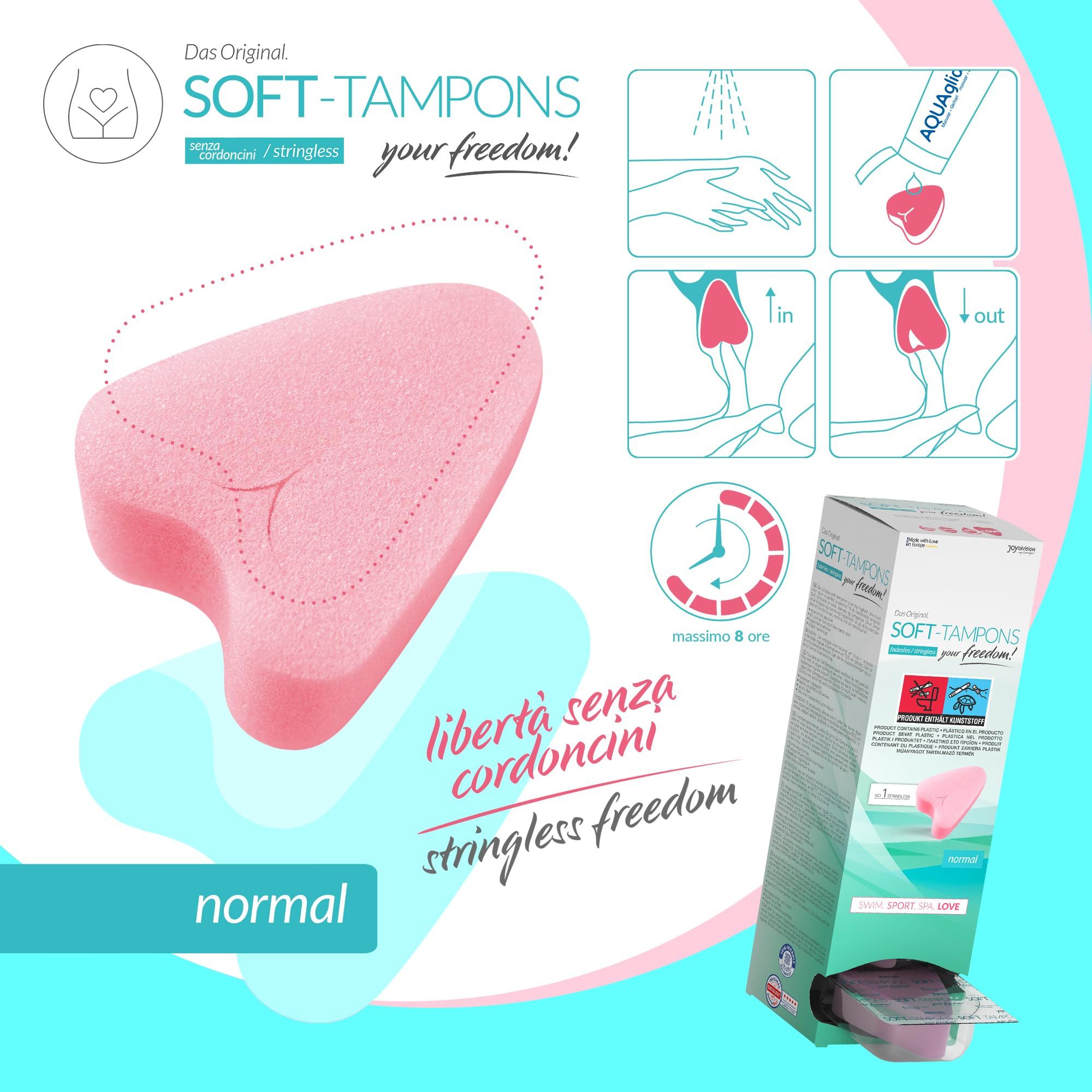 Confezione Soft Tampons Normal con donna che fa sport.