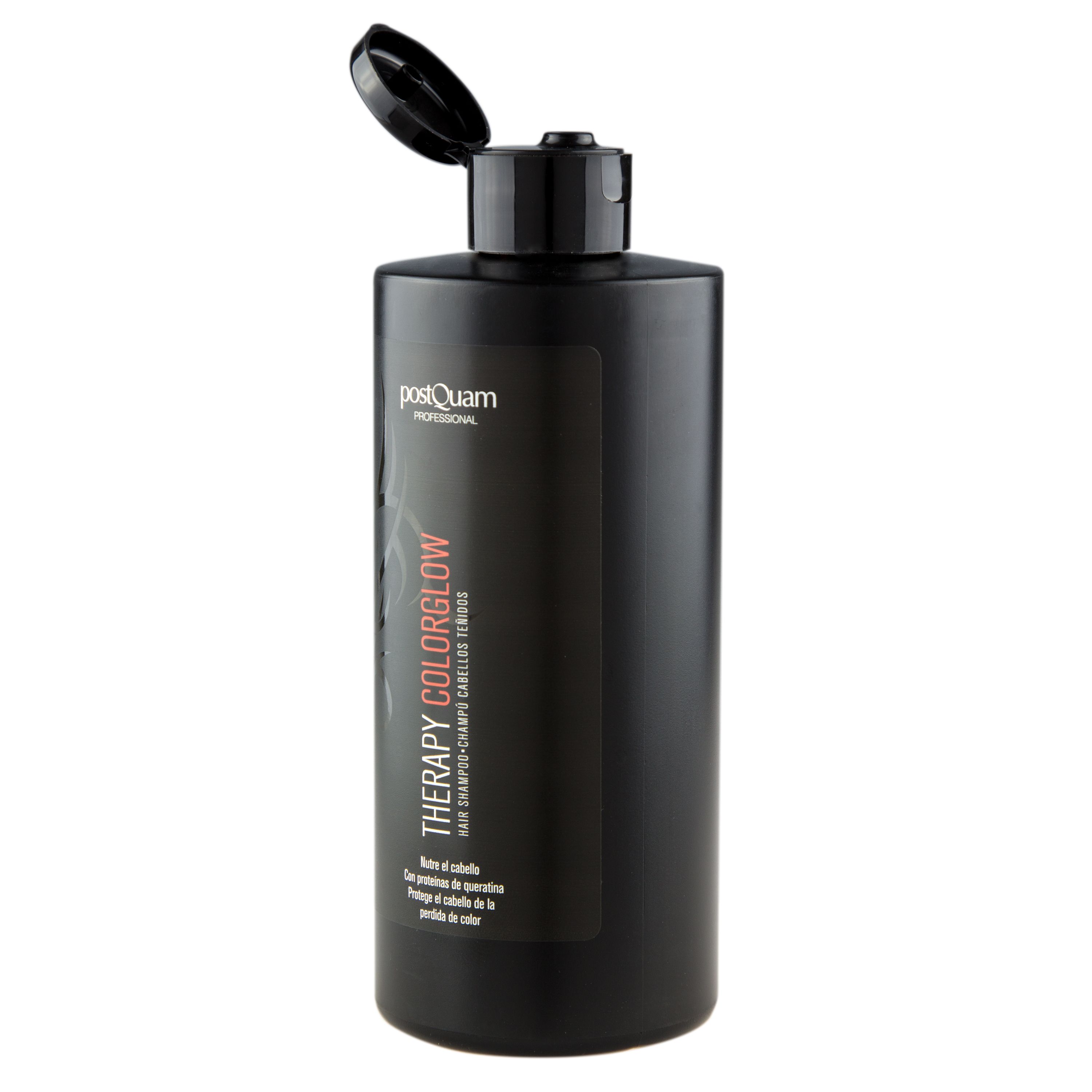 Flacone di shampoo nero con tappo nero aperto. Scritta: Therapy Color Glow, PostQuam. Testo in rosso e bianco. Per capelli colorati.