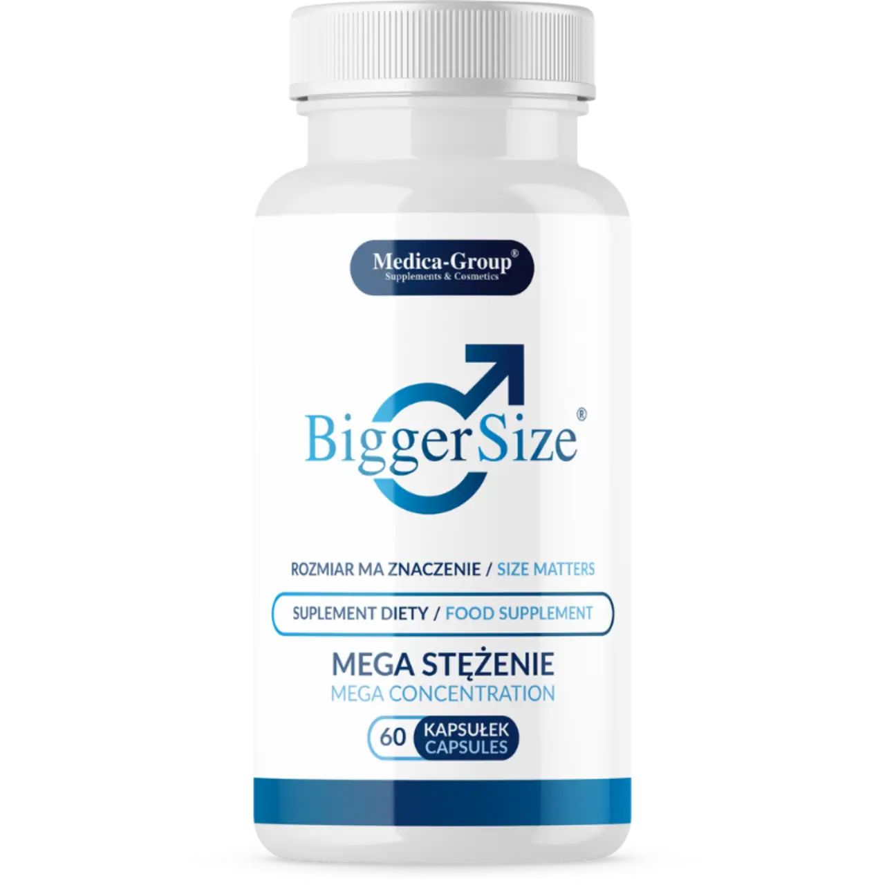 Flacone di capsule bianco con logo e testo blu. Scritta: BiggerSize, Mega Concentrazione, 60 capsule. Medica-Group.