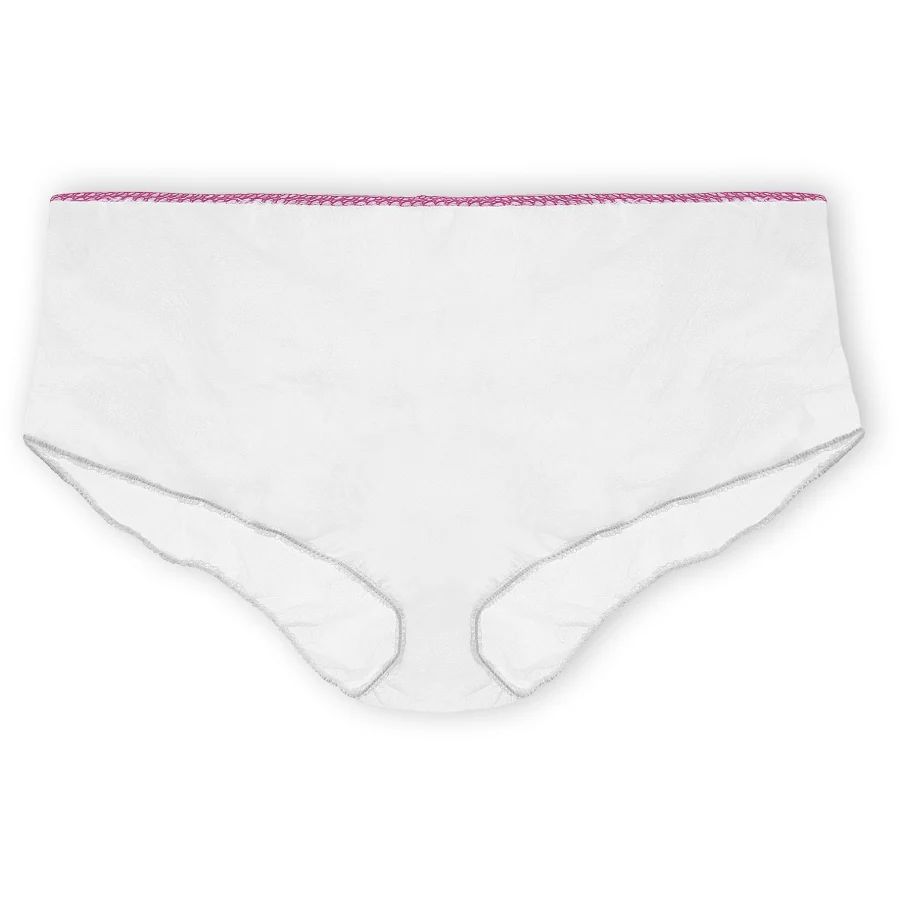 Slip monouso bianco con cucitura rosa sul bordo. In tessuto non tessuto.