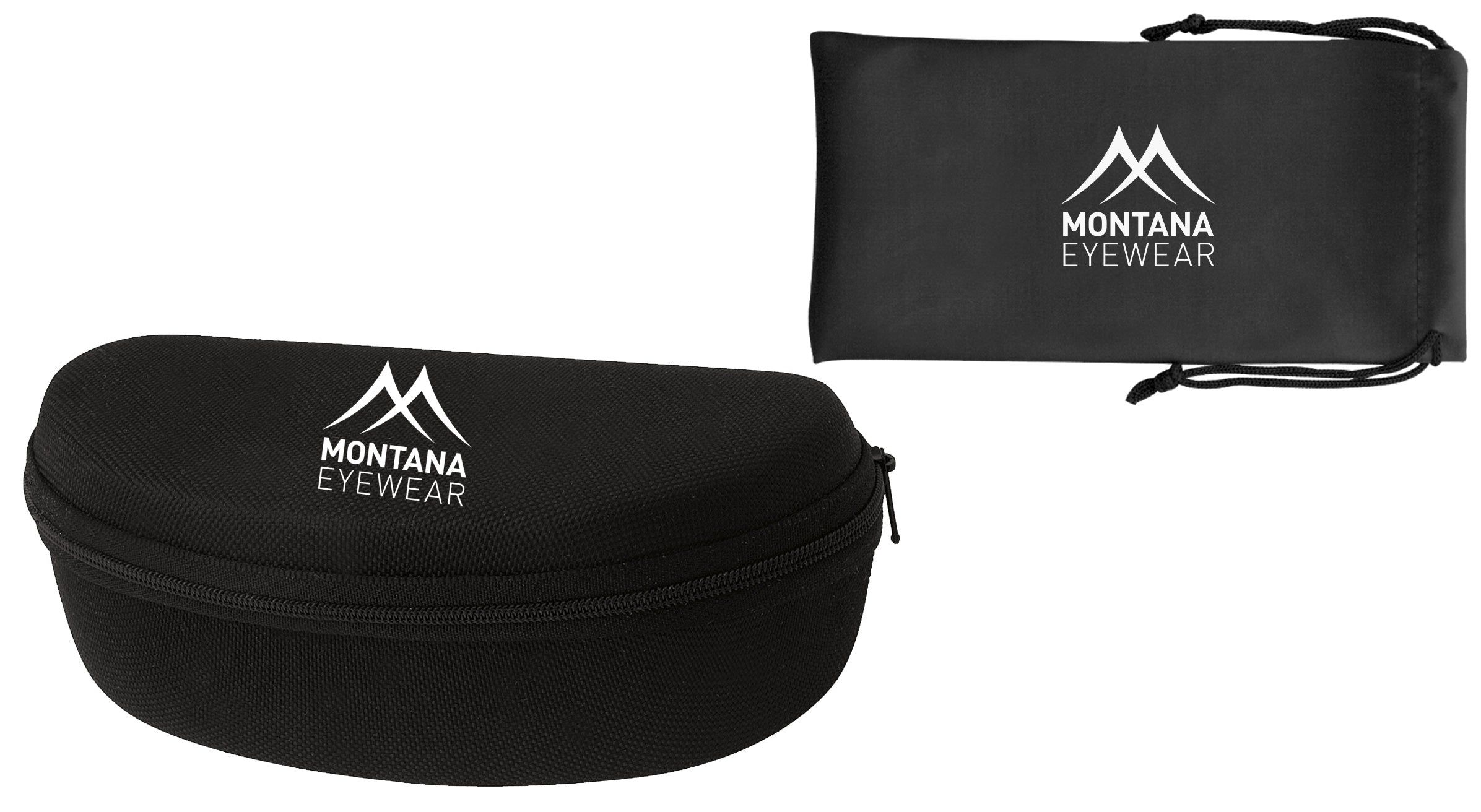 Custodia e sacchetto neri per occhiali, logo Montana Eyewear. Cerniera sulla custodia, coulisse sul sacchetto.