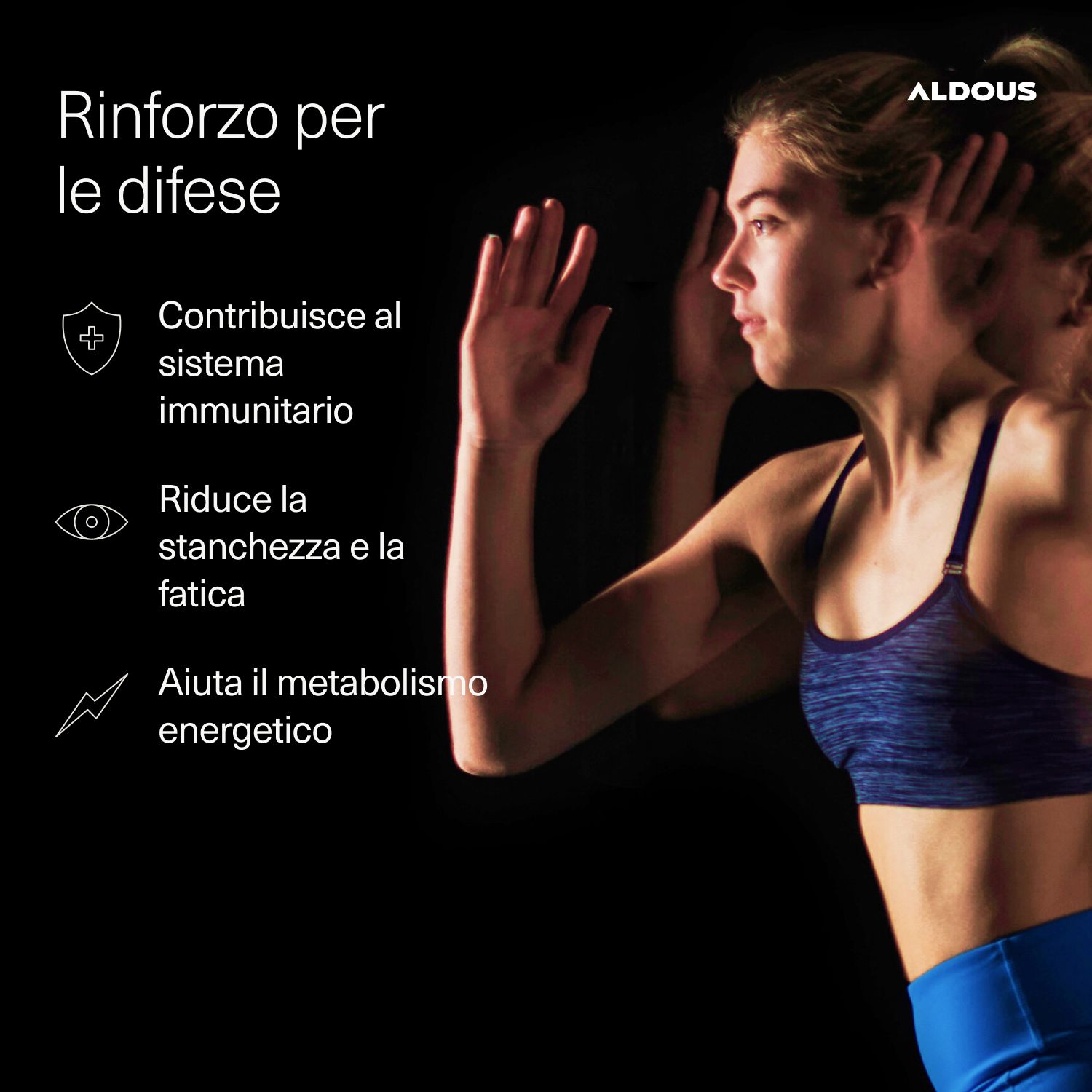 Donna si allunga, lattina Aldous Vitamina B12. Supporta il sistema immunitario, riduce la stanchezza.