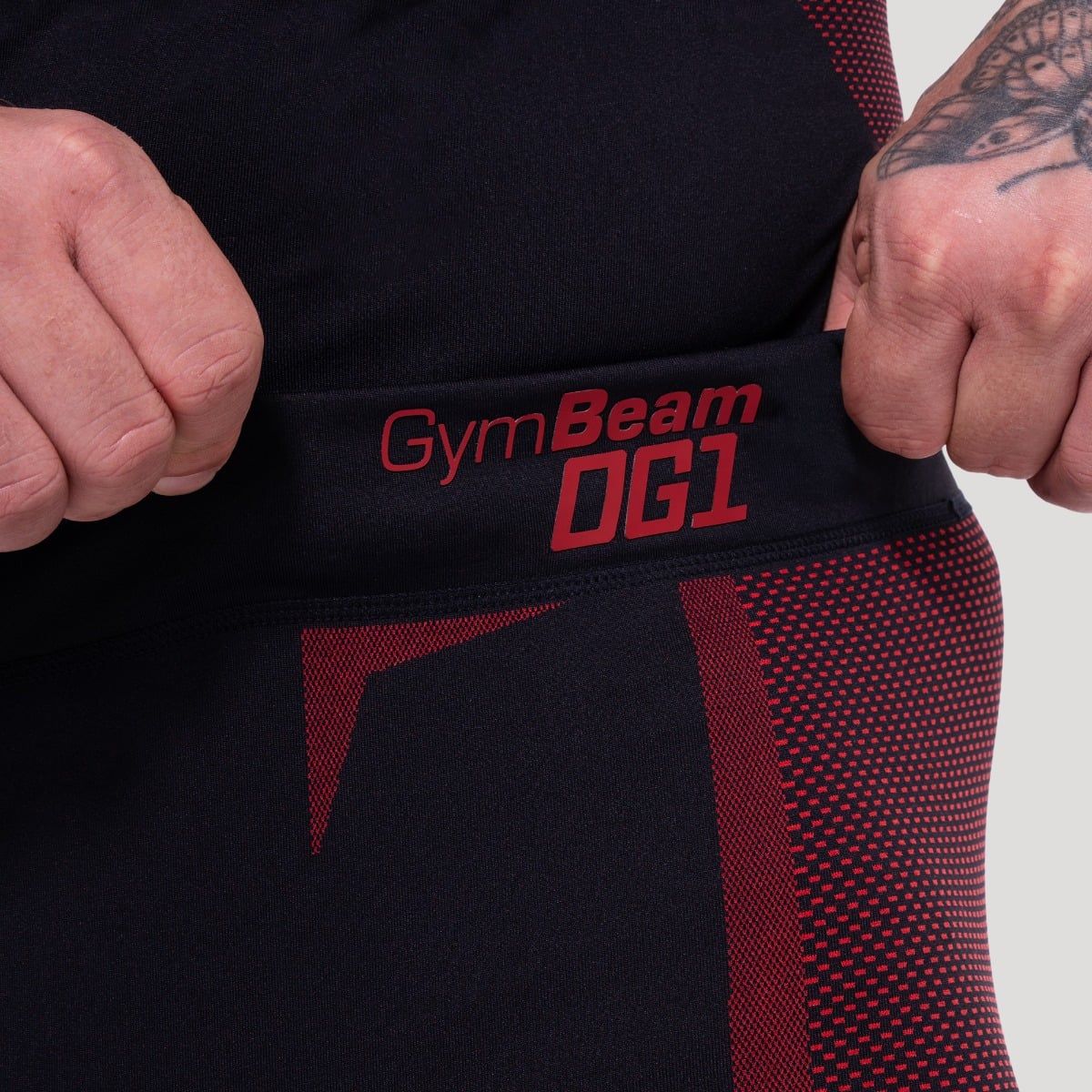 GymBeam Leggings uomo slim senza cuciture, neri e rossi
