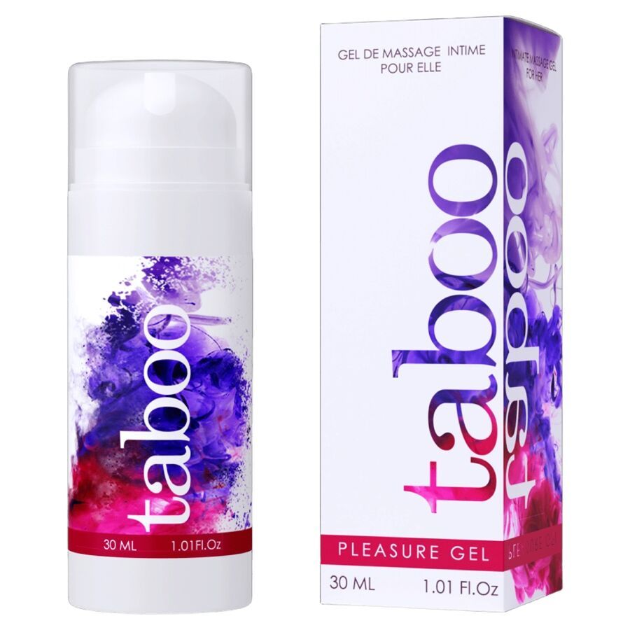Flacone bianco "taboo Pleasure Gel" 30 ml, accanto alla confezione. Macchia colorata viola-rosa.