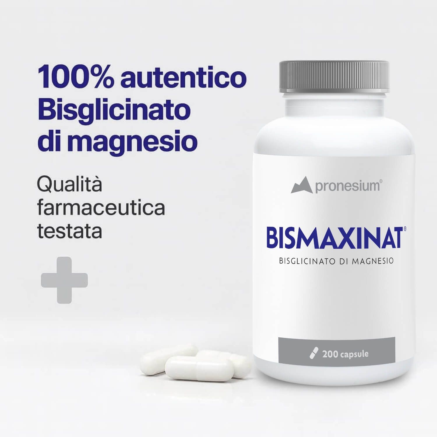 Flacone bianco con capsule. Scritta: BISMAXINAT, Bisglicinato di magnesio. 200 capsule. Capsule.