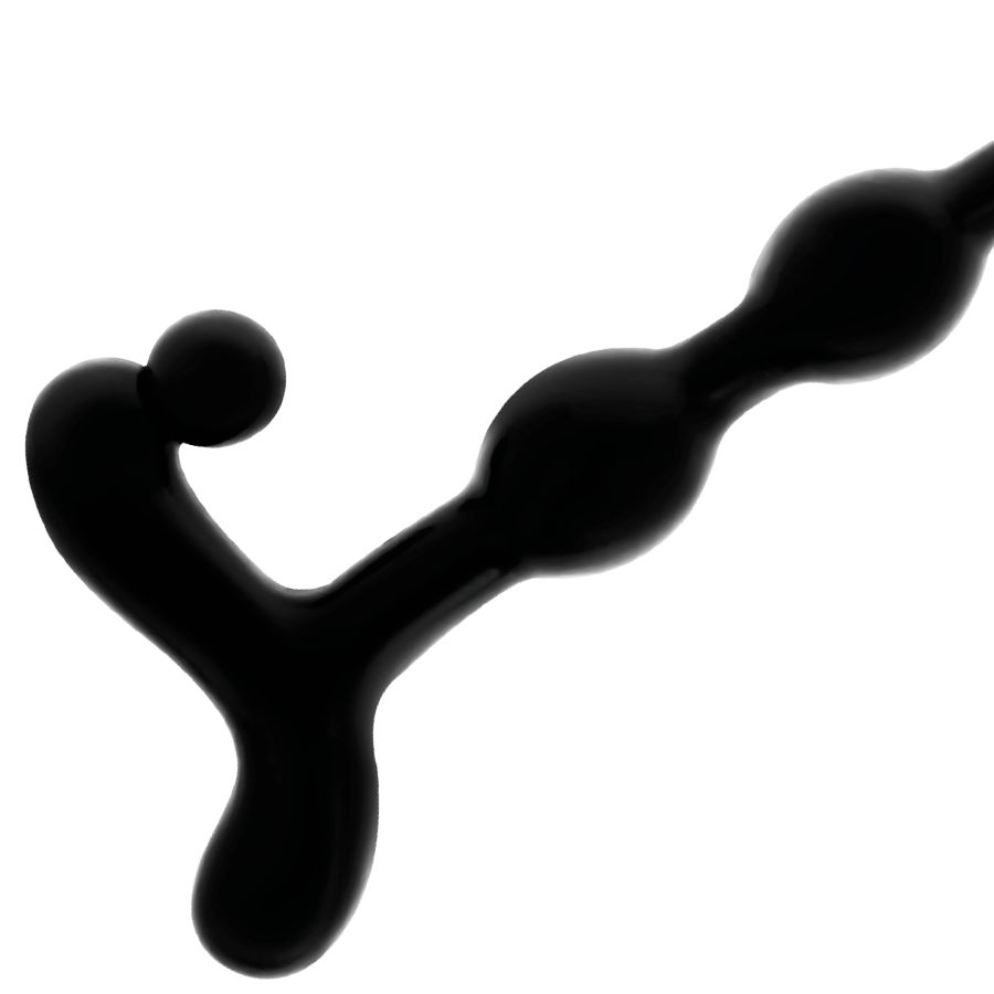 Primo piano di una catena di sfere anali nera in TPR. Impugnatura a Y e diverse sfere di dimensioni variabili.