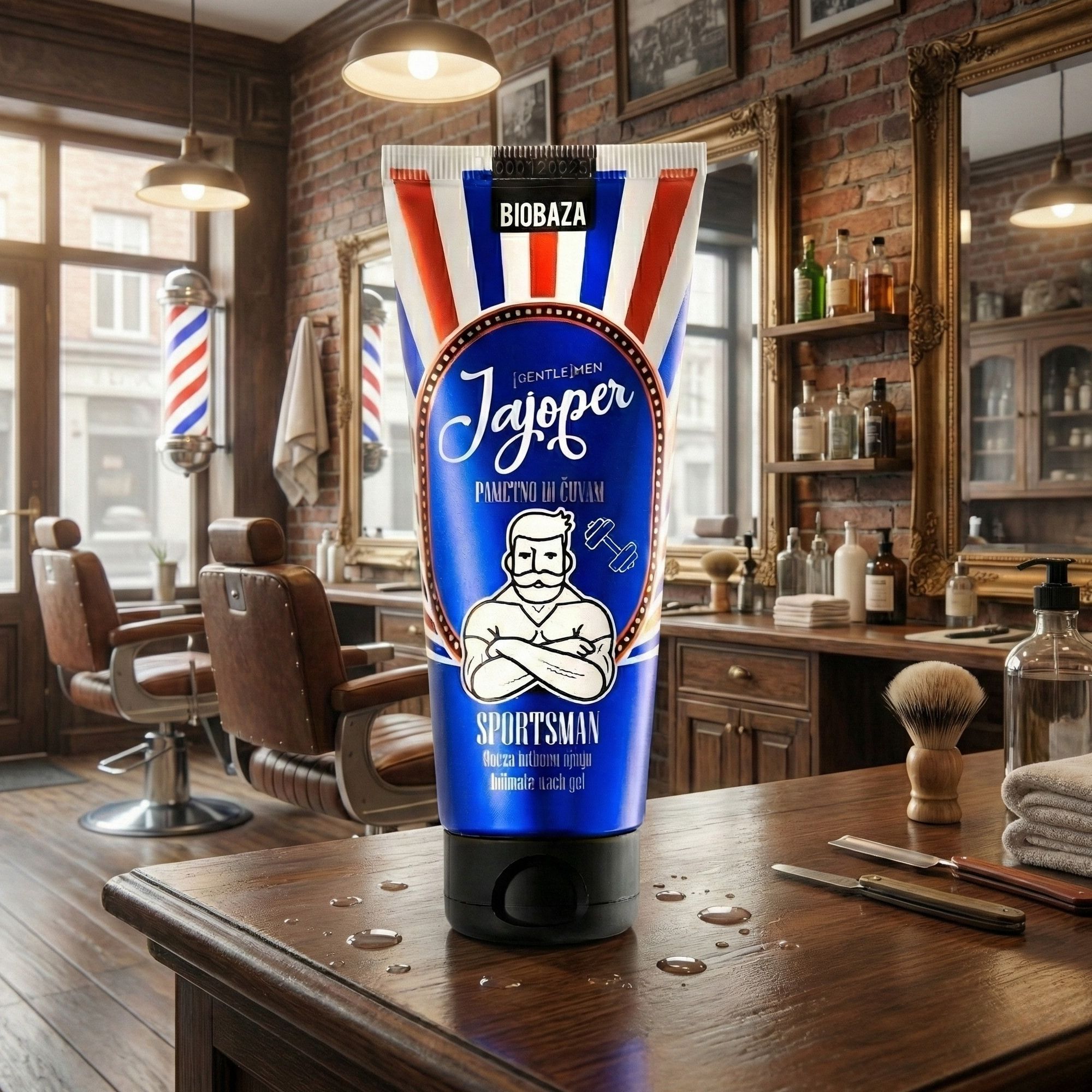Tubo di crema BIOBAZA JaJoper Sportsman per mani e unghie, blu con strisce bianche e rosse. Raffigura un uomo con manubri.