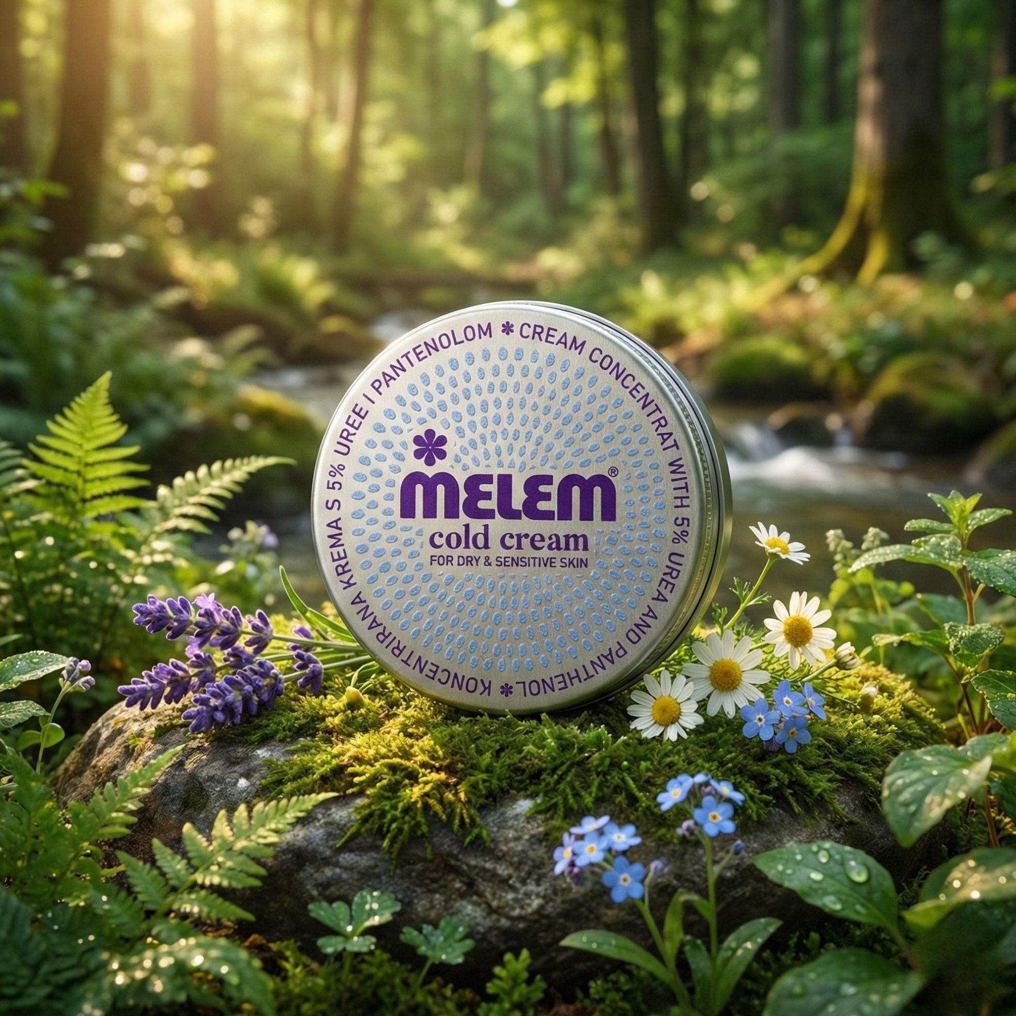 Barattolo rotondo Melem Cold Cream in ambiente naturale. Circondato da piante e fiori.