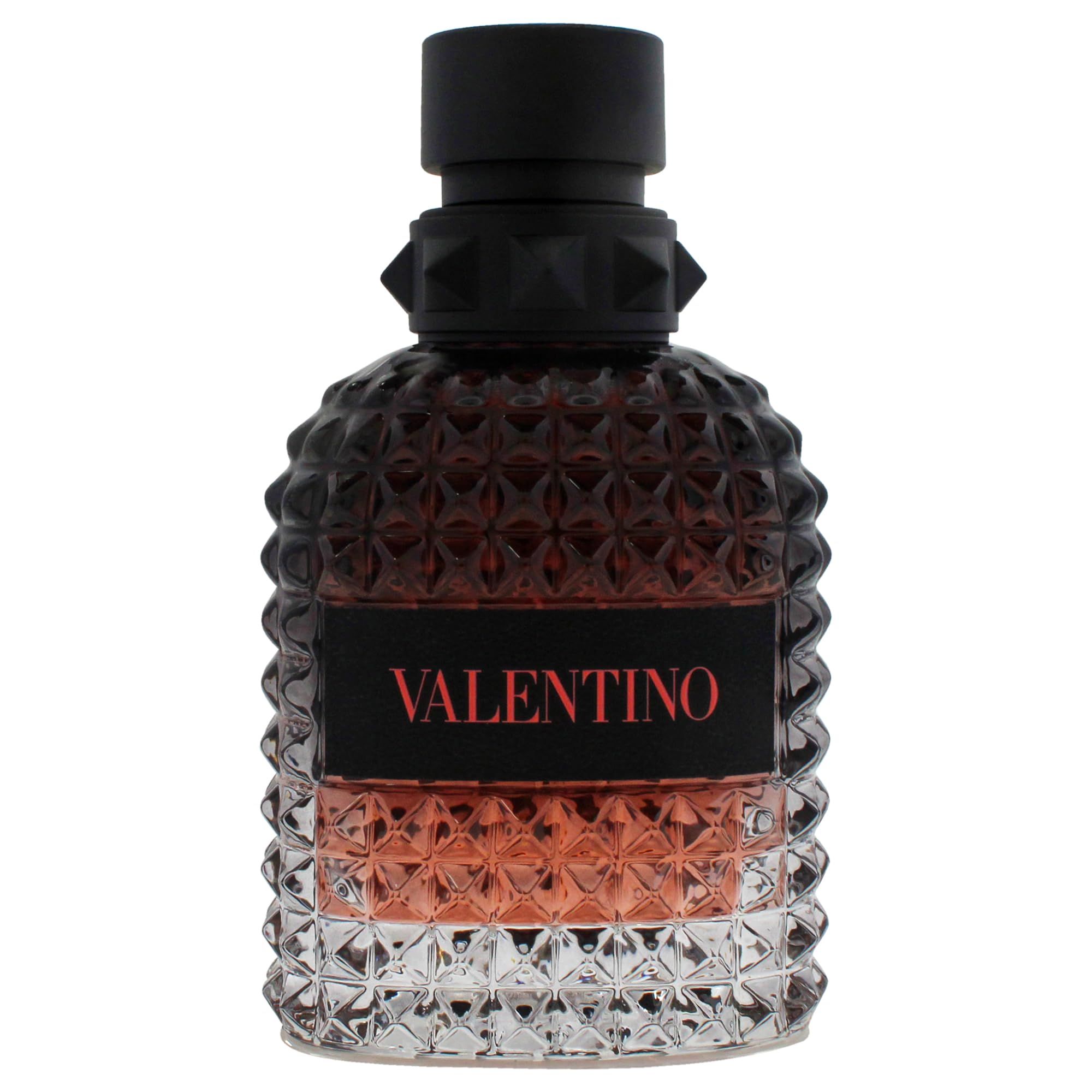 Valentino Born In Roma Coral Fantasy Eau de Parfum. Flacone nero con tappo nero. Logo Valentino in rosso.