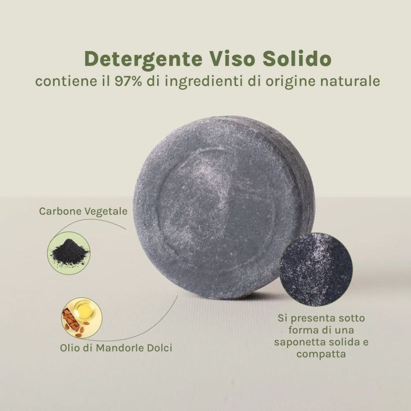 Detersivo viso solido grigio, rotondo. Testo: Carbone Vegetale, Olio di Mandorle Dolci. Dettaglio della texture.