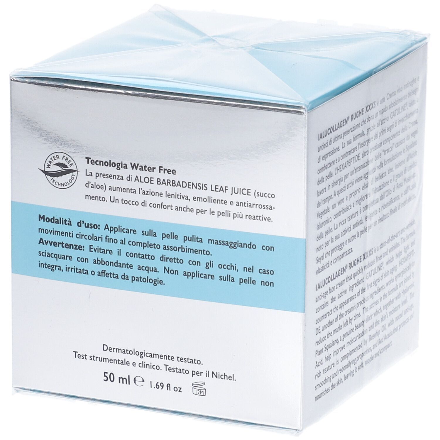 Retro della scatola quadrata. Testo: IALUCOLLAGEN Rughe XXXS. Ingredienti, istruzioni per l'uso, avvertenze, dermatologicamente testato.