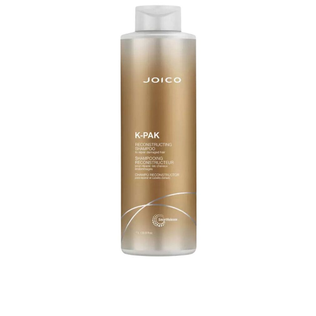 Flacone di shampoo Joico K-Pak. Flacone dorato con tappo bianco. Logo e nome del prodotto sul davanti.