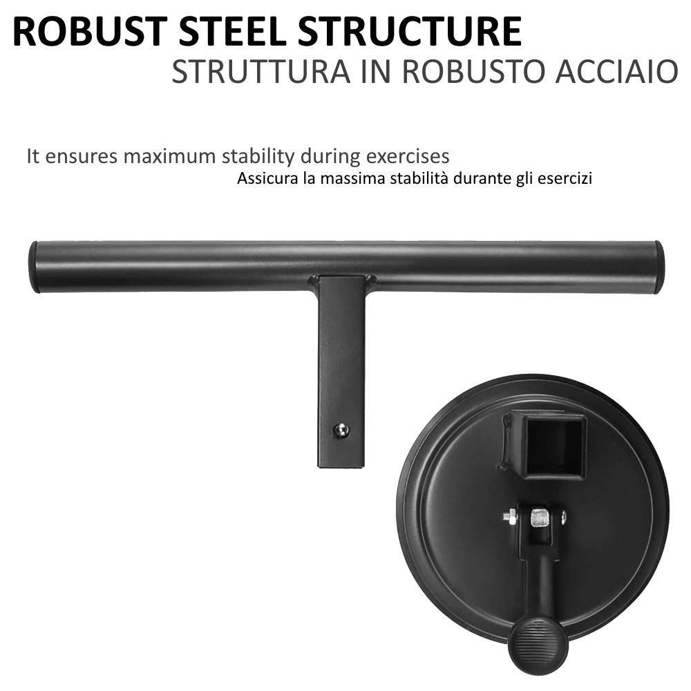 Struttura in acciaio nera della barra per sit-up. Base rotonda con leva. Testo: 'ROBUST STEEL STRUCTURE'.
