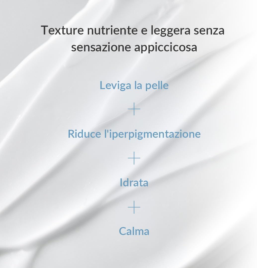Texture crema bianca. Testo: Leviga la pelle, Riduce l'iperpigmentazione, Idrata, Calma.