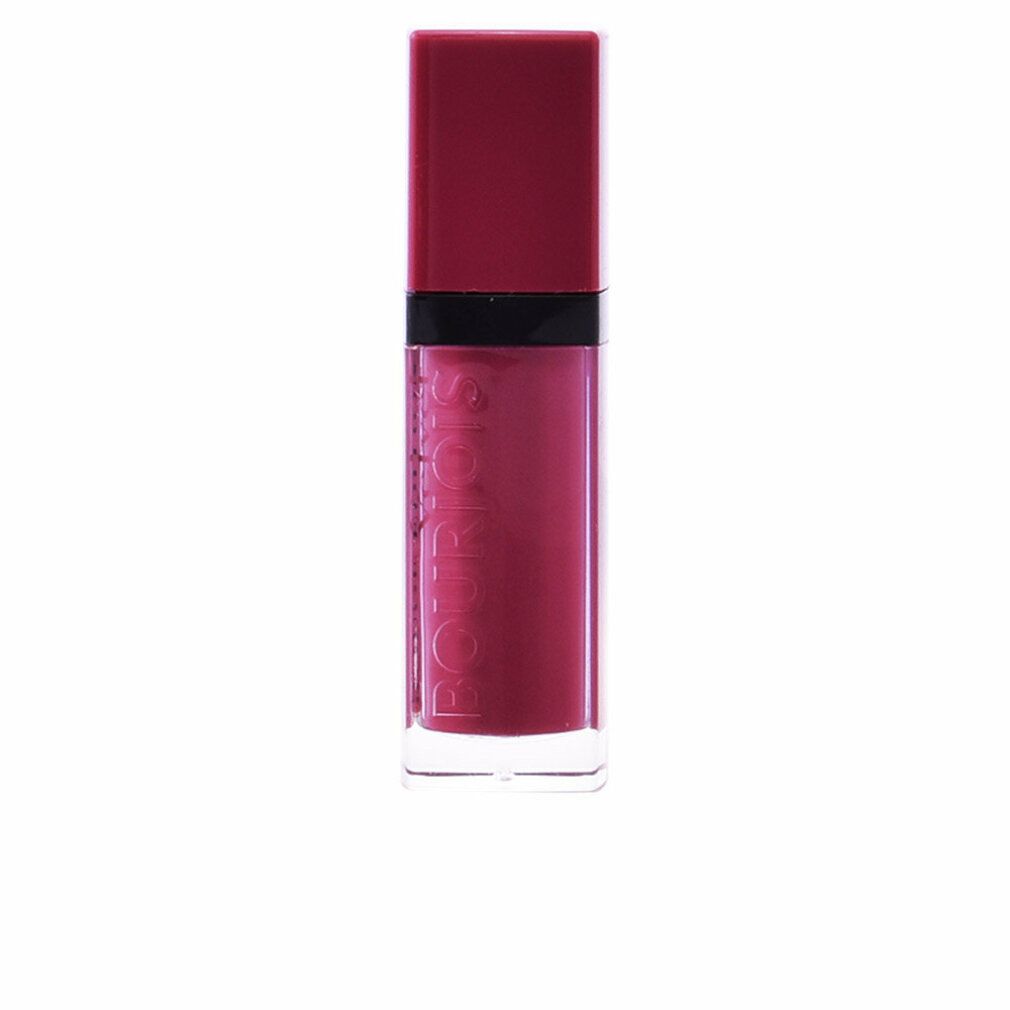 Rossetto Bourjois Rouge Edition Velvet prugna. Forma rettangolare, tappo. Anello nero. Contenitore trasparente. Testo: Rouge Edition Velvet.