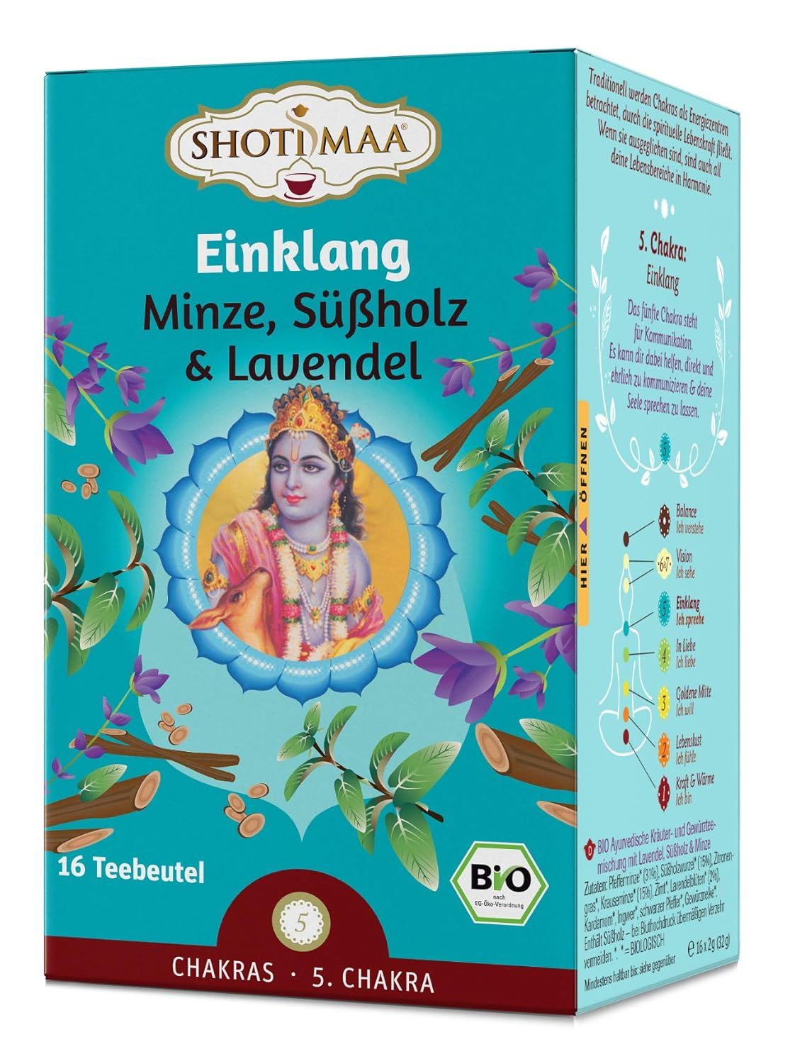 Tè Shoti Maa Einklang Chakra: 16 bustine di tè con menta, liquirizia e lavanda. Certificato biologico.