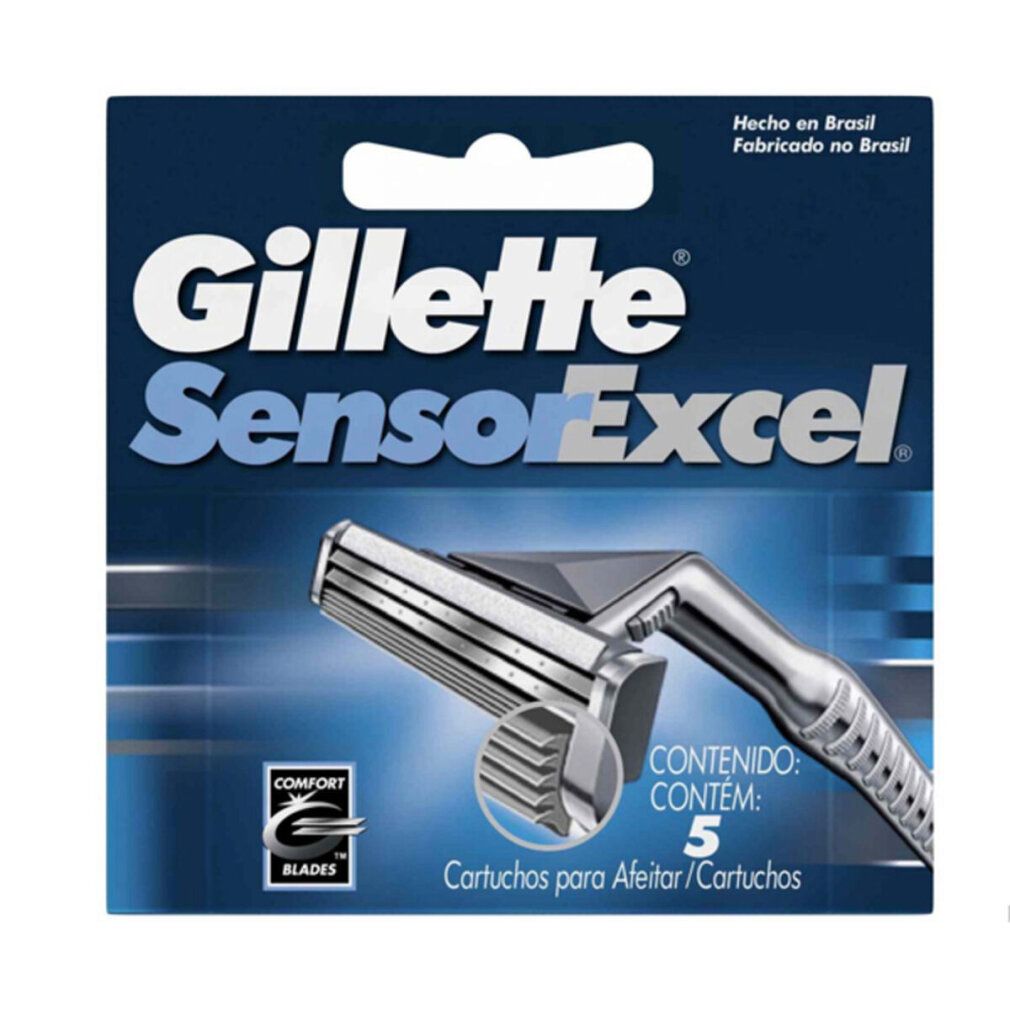 Confezione di ricariche Gillette Sensor Excel. Contiene 5 lame. Confezione blu con nome e logo del prodotto.