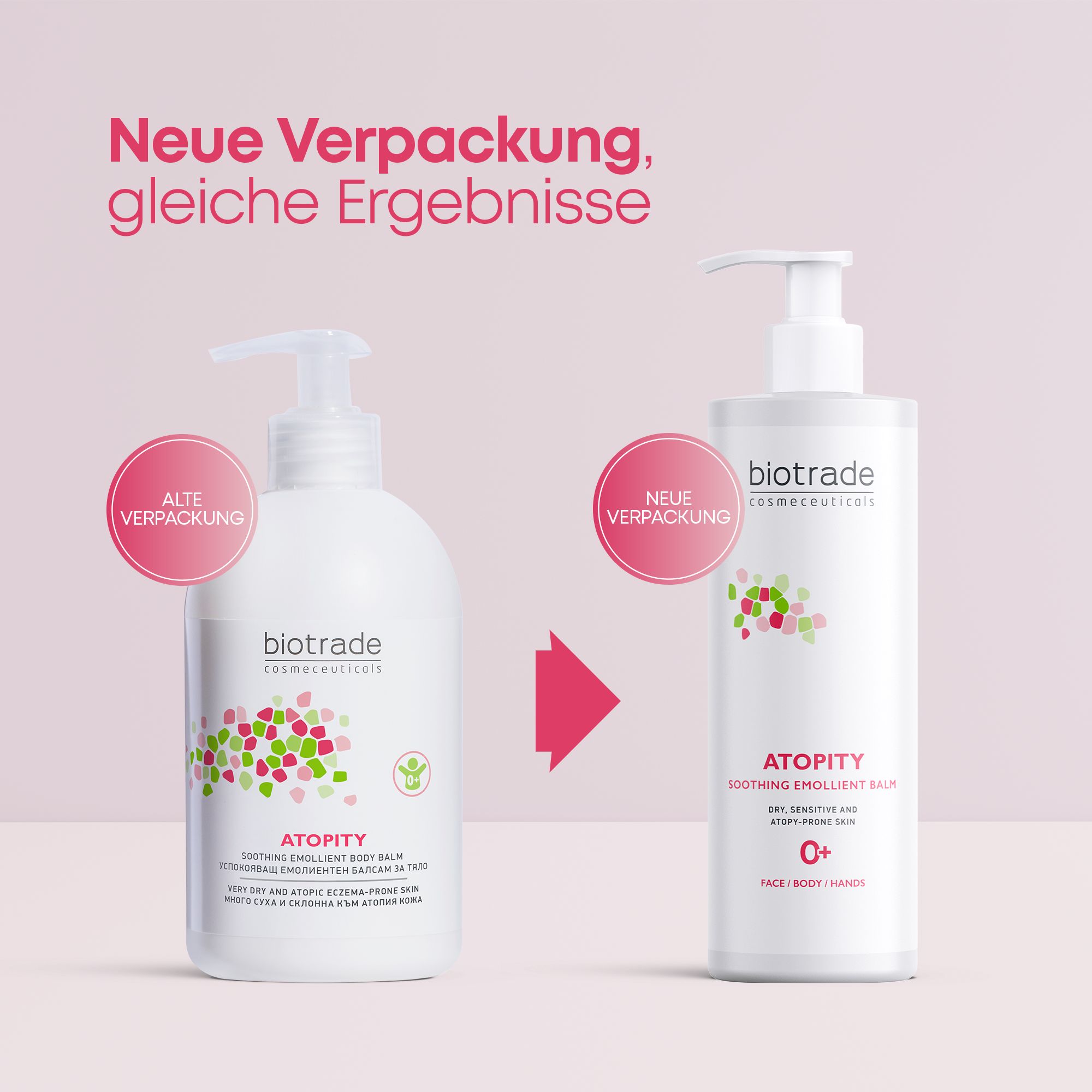 Confronto balsamo corpo Biotrade Atopity: vecchio e nuovo packaging a confronto. "Nuovo packaging, stessi risultati."