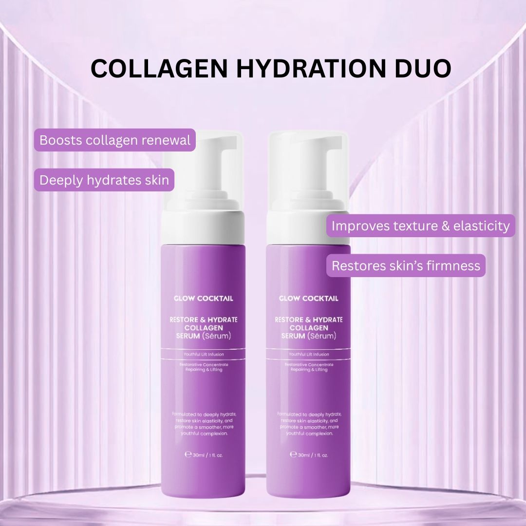 Due flaconi viola di siero al collagene Glow Cocktail Restore & Hydrate con dispenser a pompa.