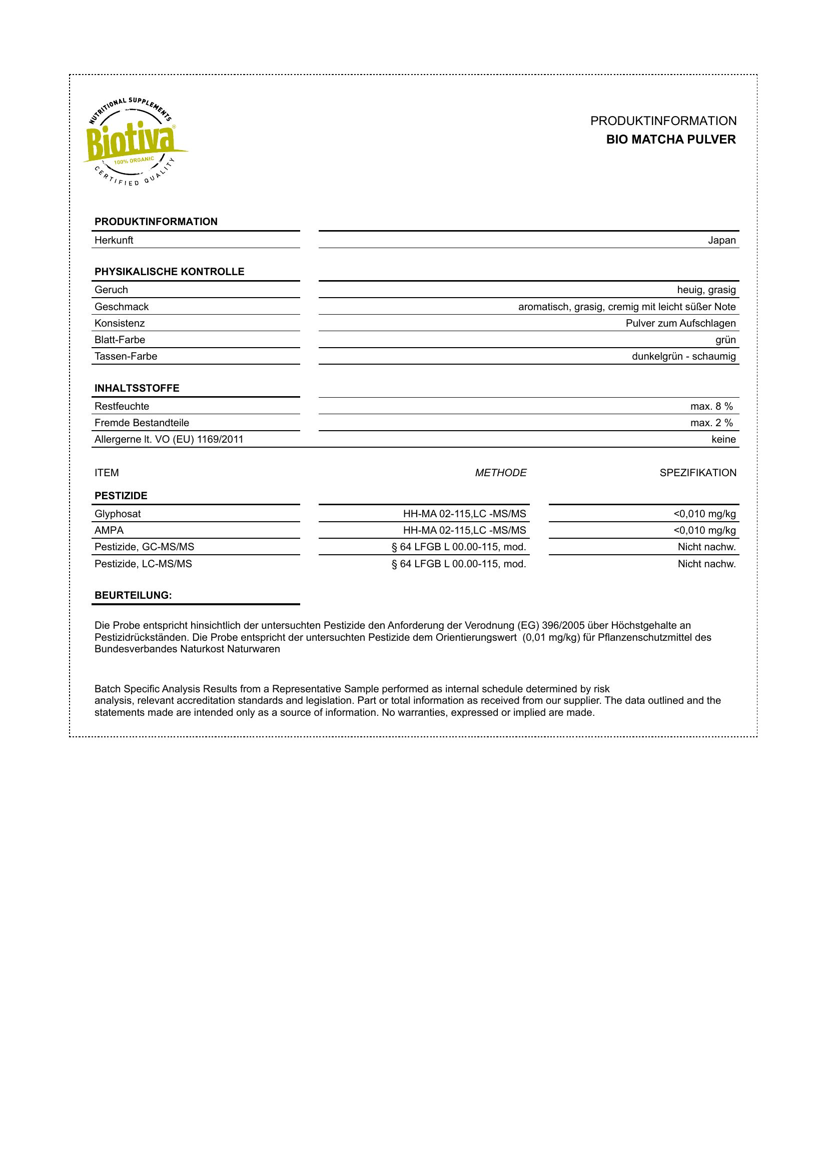 Scheda informativa del prodotto per la polvere di matcha biologica. Contiene informazioni sui controlli fisici, sugli ingredienti e sui pesticidi.